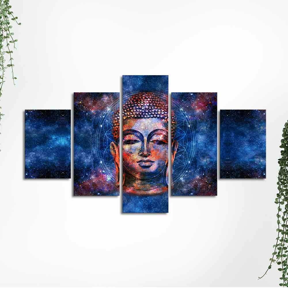 Divine Lord Buddha Head Colorful Wall Painting Five Pieces - Image 5