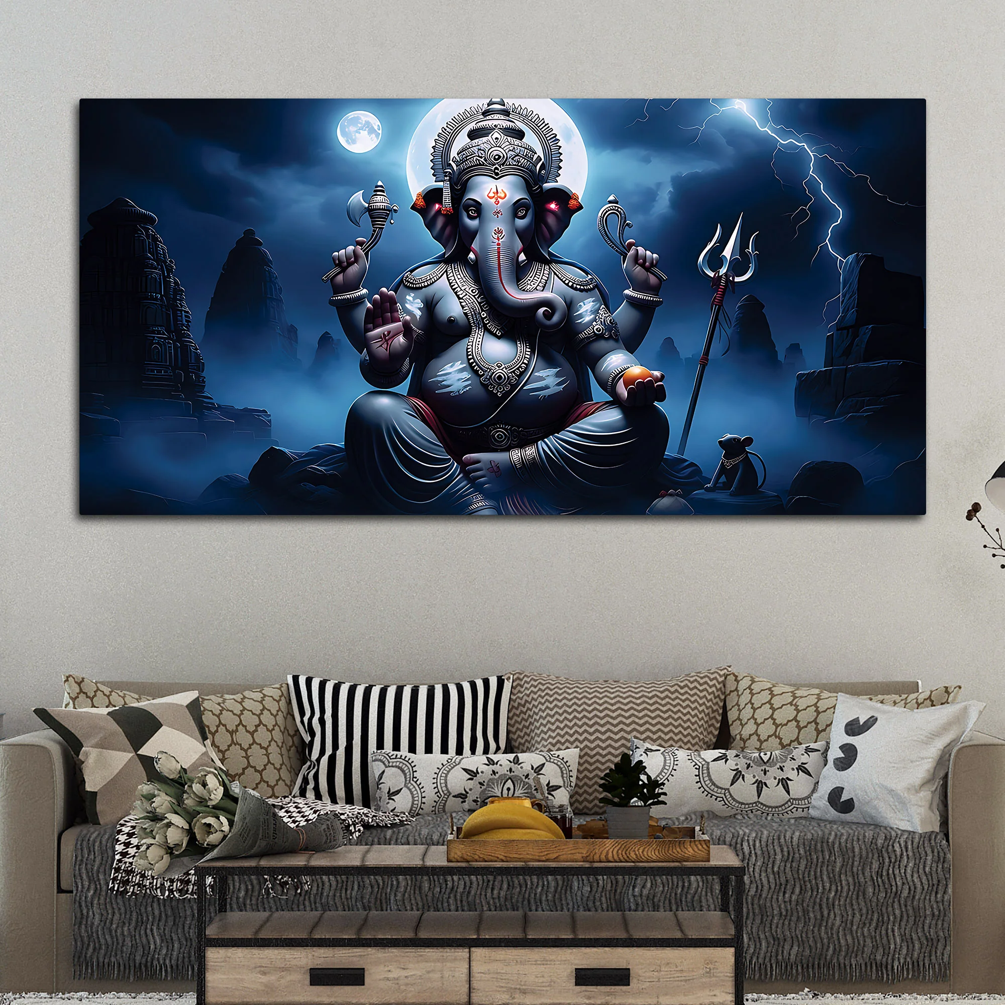 Divine Lord Ganesh with Trishool & Mooshak Dark Theme Canvas Wall painting for Home & Office Decor - Image 2
