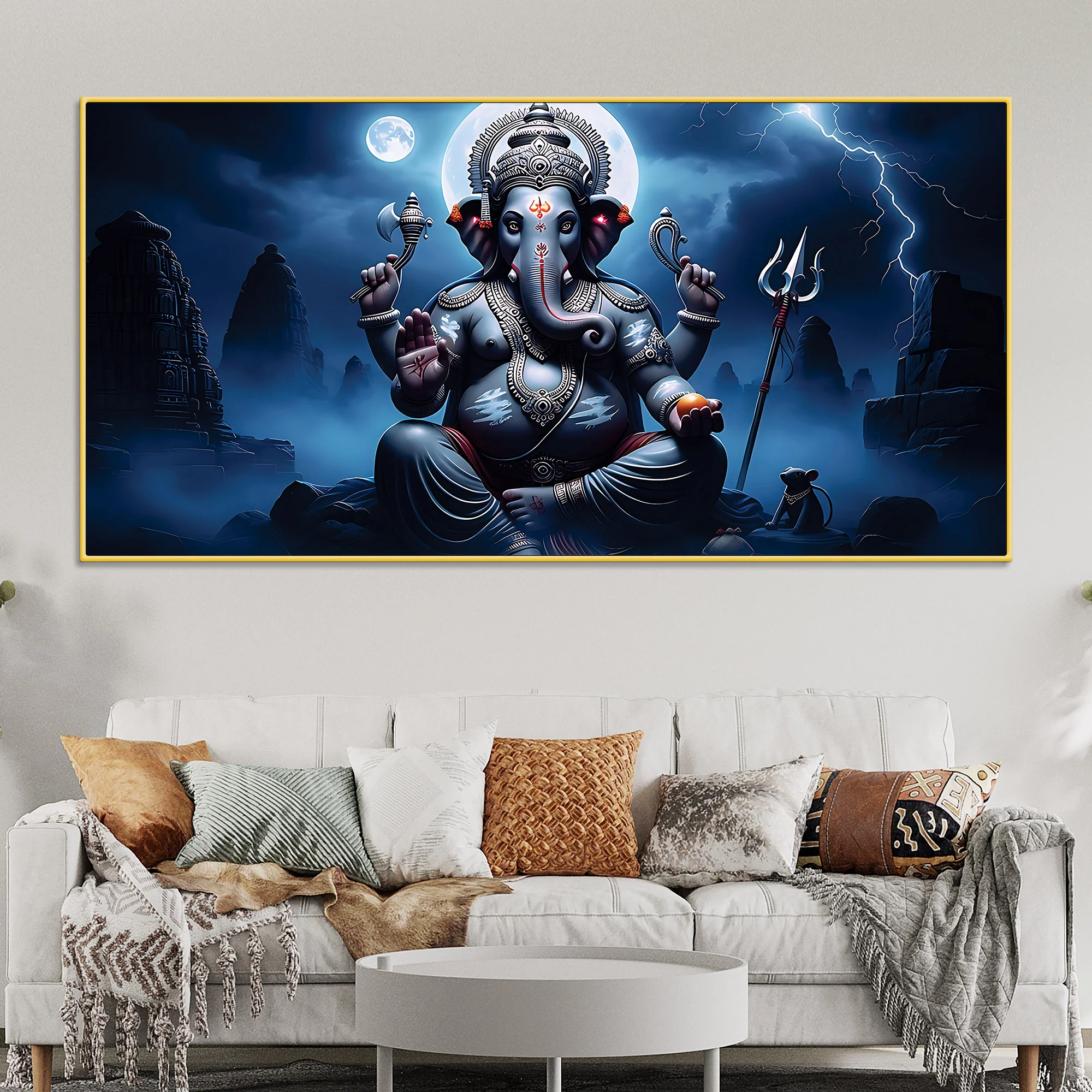 Divine Lord Ganesh with Trishool & Mooshak Dark Theme Canvas Wall painting for Home & Office Decor - Image 3