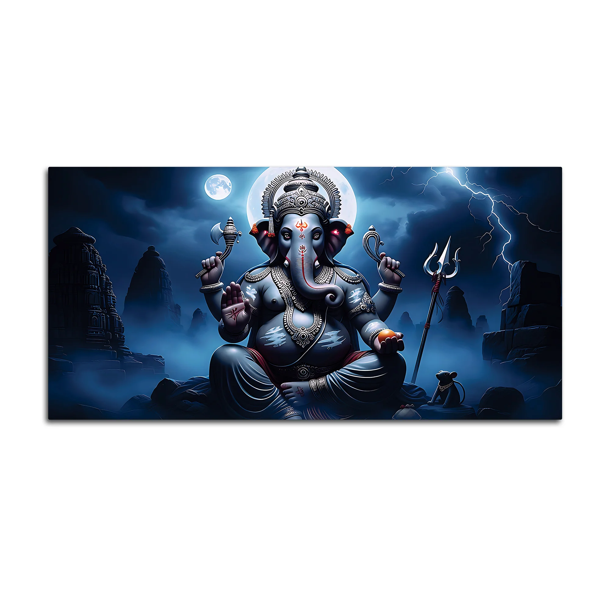 Divine Lord Ganesh with Trishool & Mooshak Dark Theme Canvas Wall painting for Home & Office Decor - Image 4