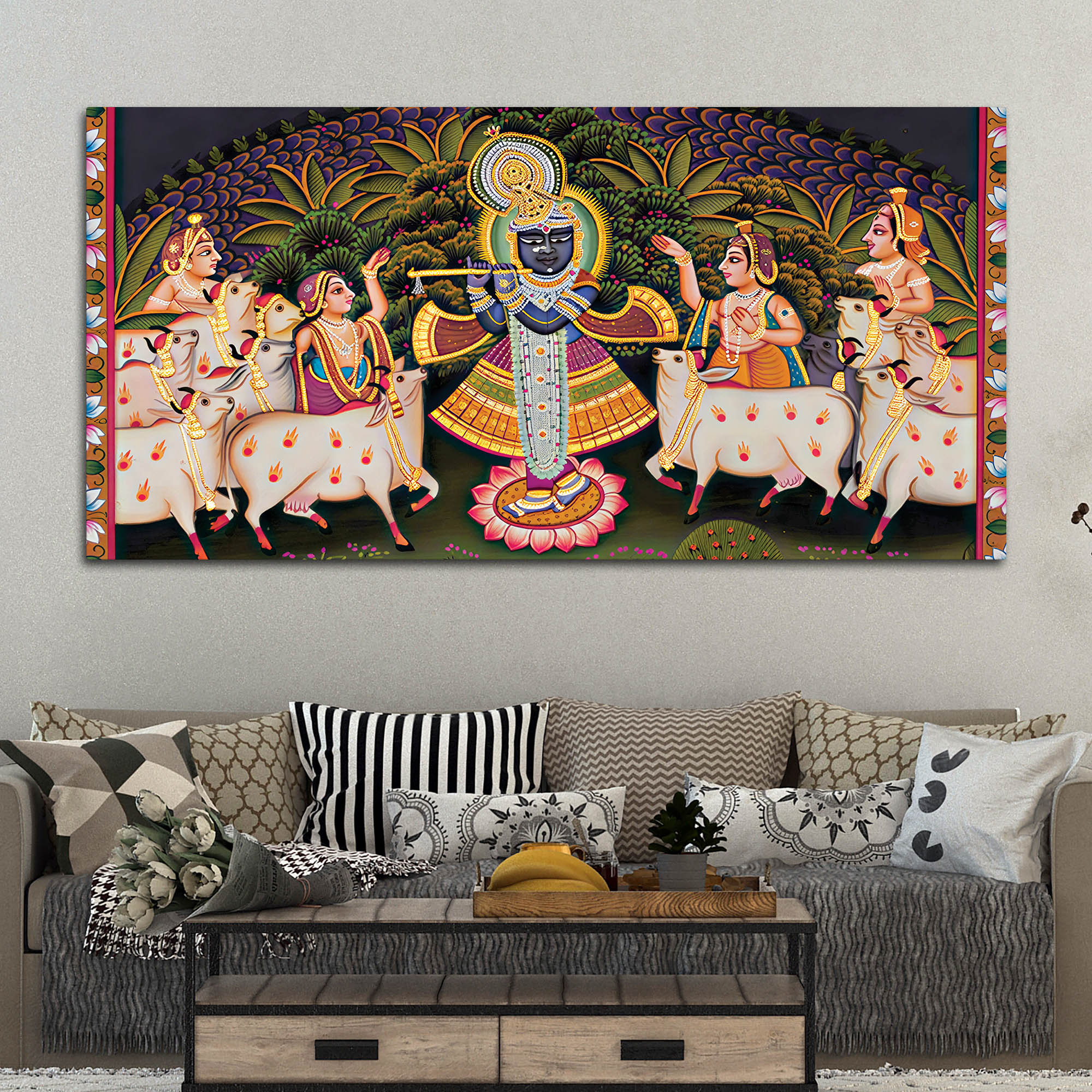 Divine Lord Krishna Pichwai Canvas Wall Painting - Image 3