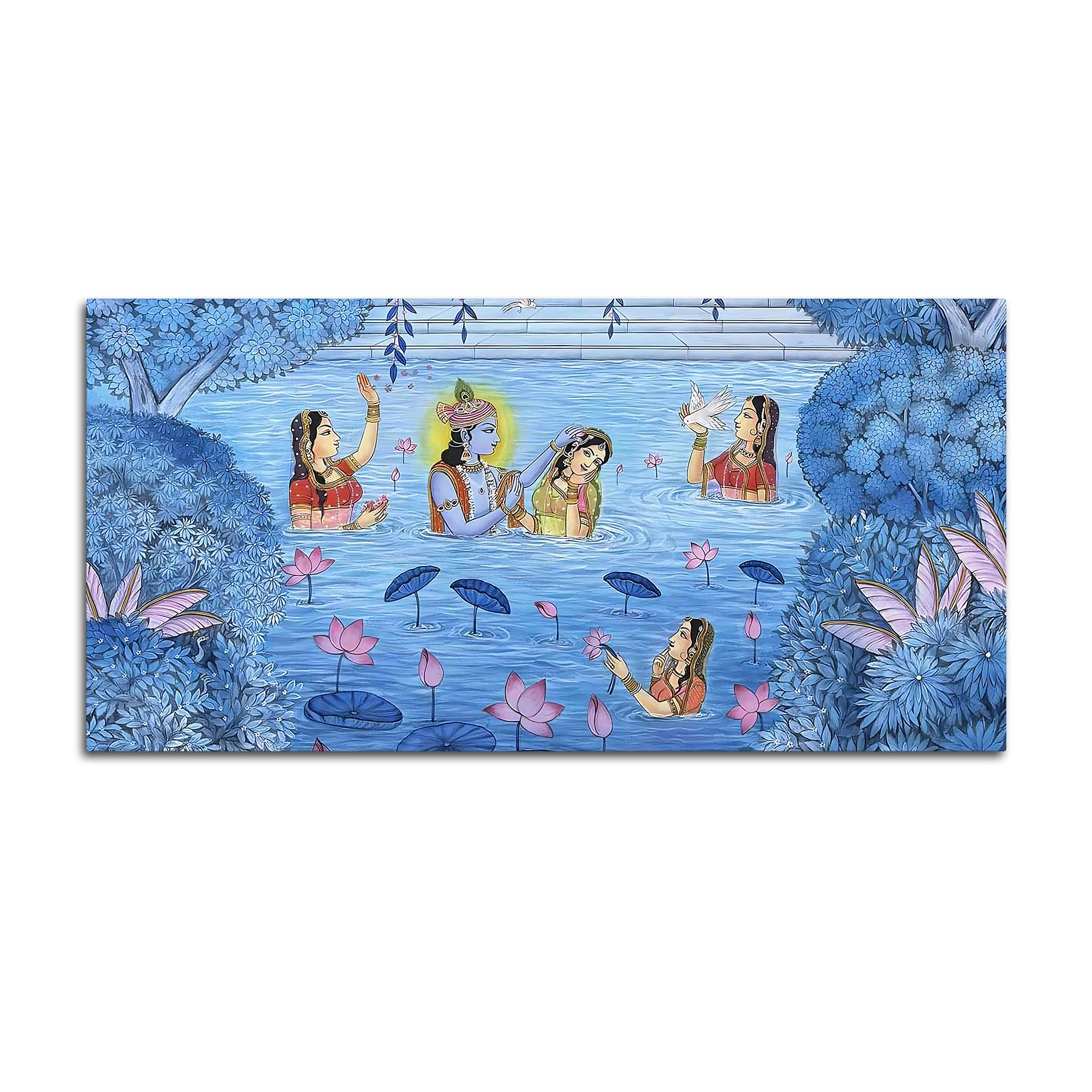 Divine Lord Krishna & Shree Radha in Lotus Lake with Gopikas Pichwai Canvas Wall Painting - Image 4