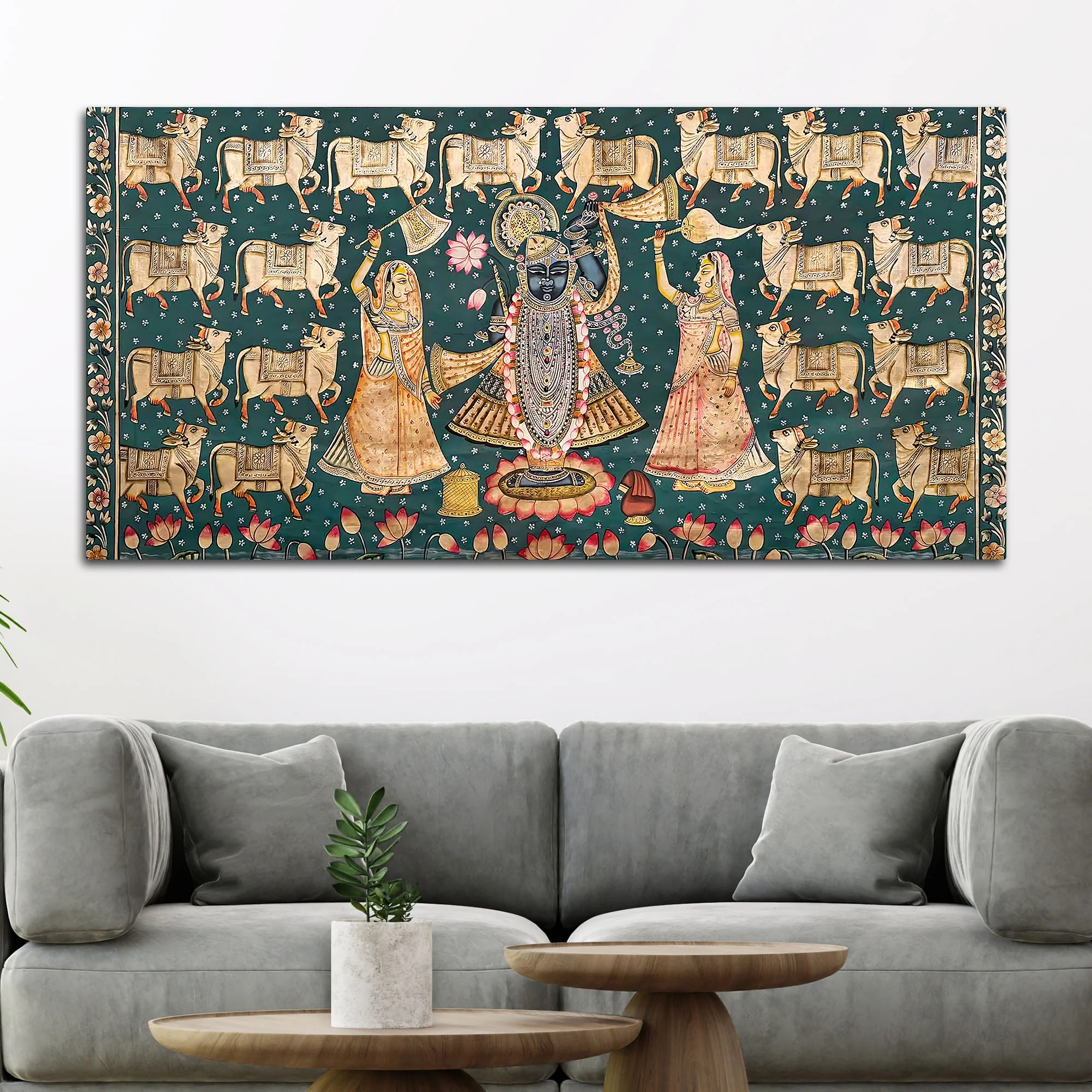 Divine Lord Shreenathji with Gau Mata Pichwai Canvas Wall Painting - Image 3