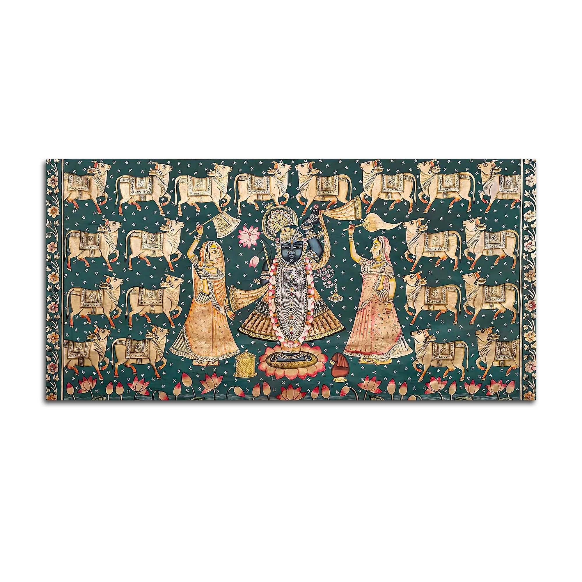 Divine Lord Shreenathji with Gau Mata Pichwai Canvas Wall Painting - Image 4