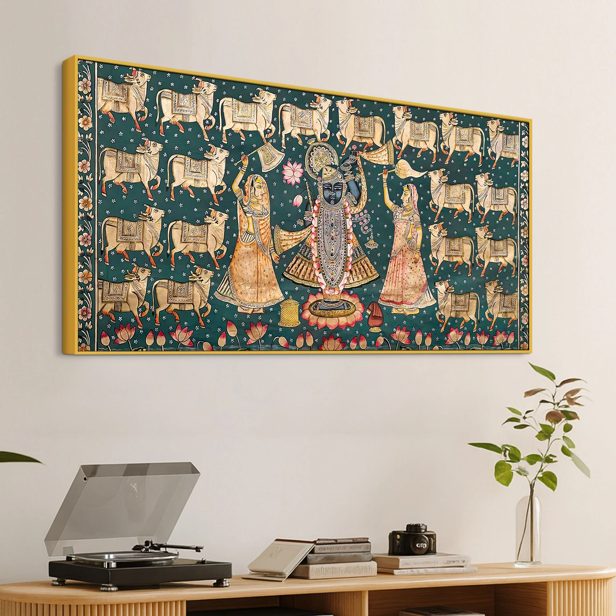 Divine Lord Shreenathji with Gau Mata Pichwai Canvas Wall Painting - Image 5