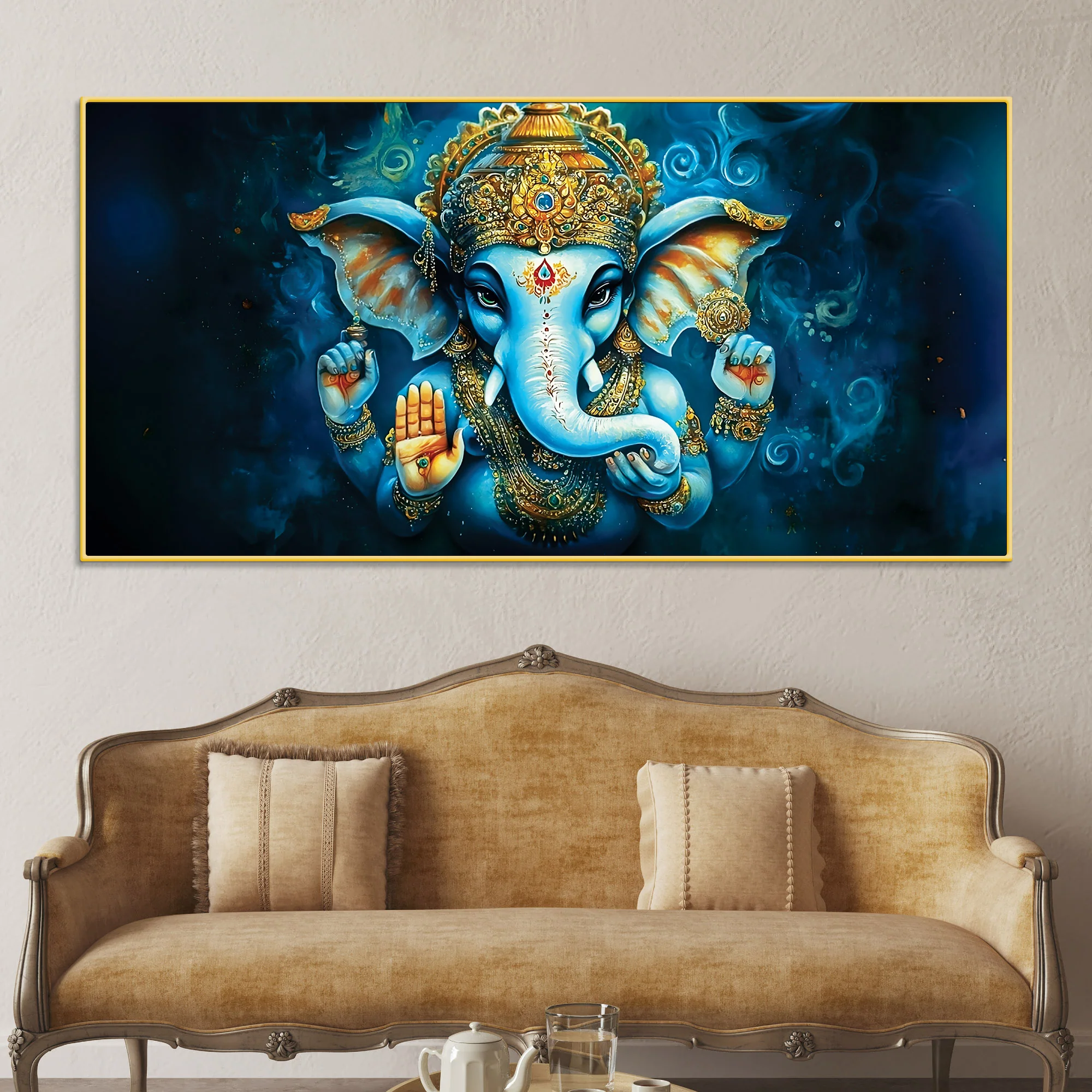 Divine Lord Shri Ganesh Blue & Gold Elegant Canvas Wall Painting for Home & Office – Contemporary Spiritual Wall Art