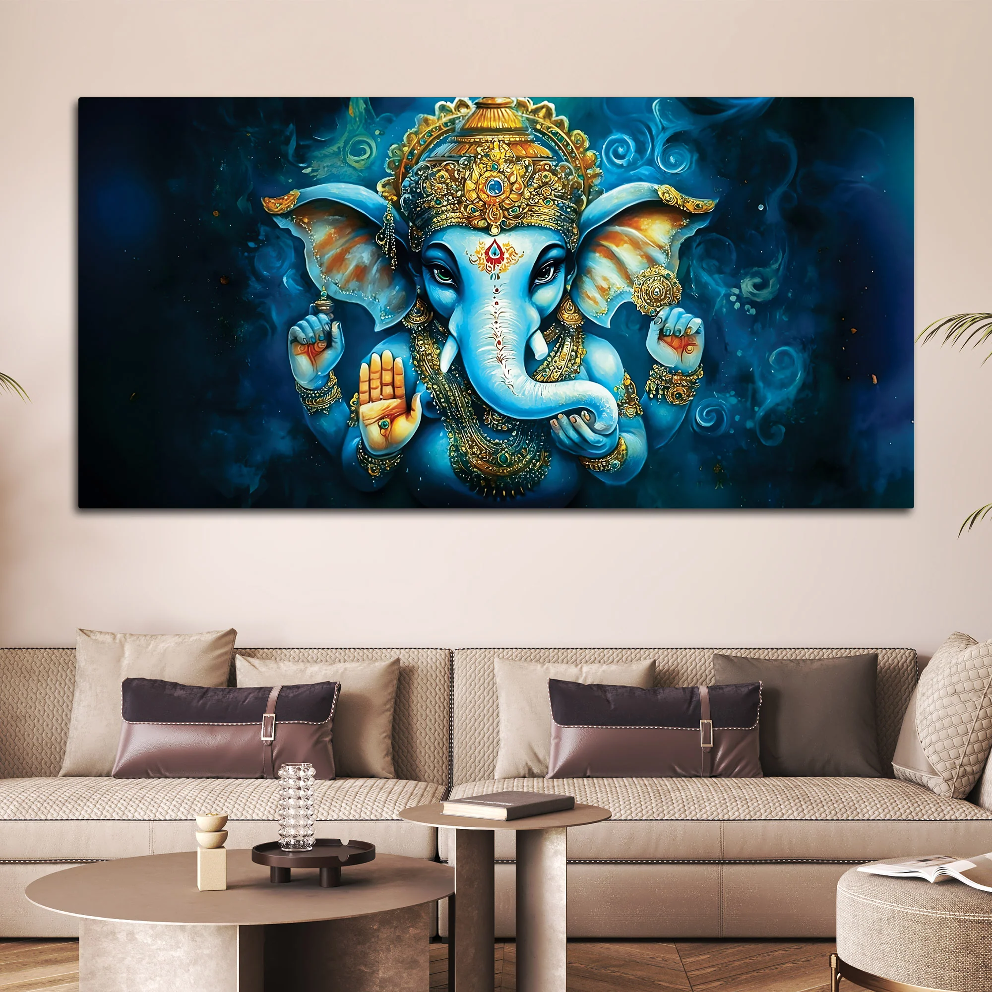 Divine Lord Shri Ganesh Blue & Gold Elegant Canvas Wall Painting for Home & Office – Contemporary Spiritual Wall Art - Image 2