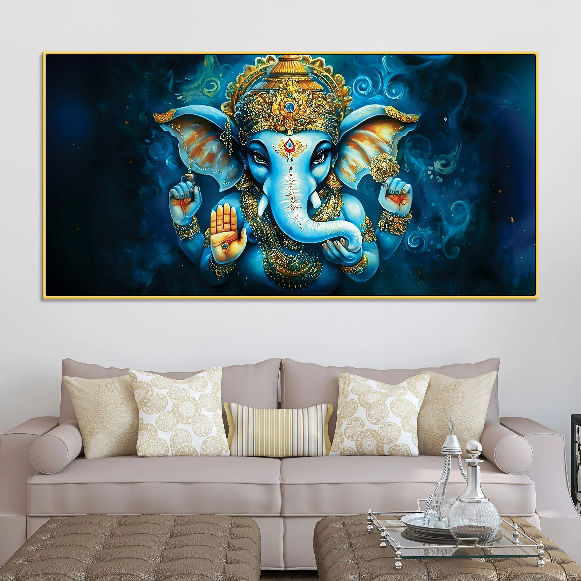 Divine Lord Shri Ganesh Blue & Gold Elegant Canvas Wall Painting for Home & Office – Contemporary Spiritual Wall Art - Image 3