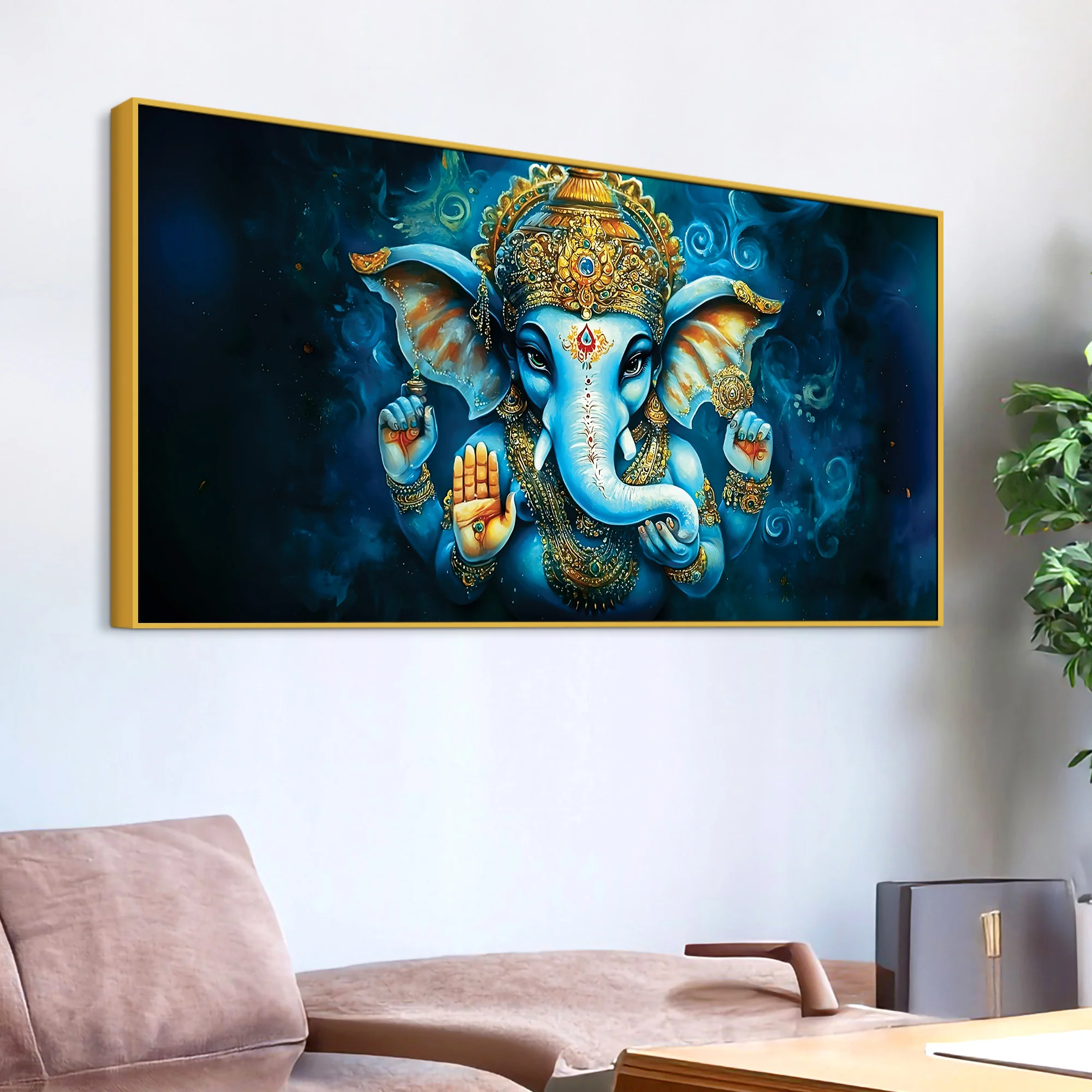 Divine Lord Shri Ganesh Blue & Gold Elegant Canvas Wall Painting for Home & Office – Contemporary Spiritual Wall Art - Image 5