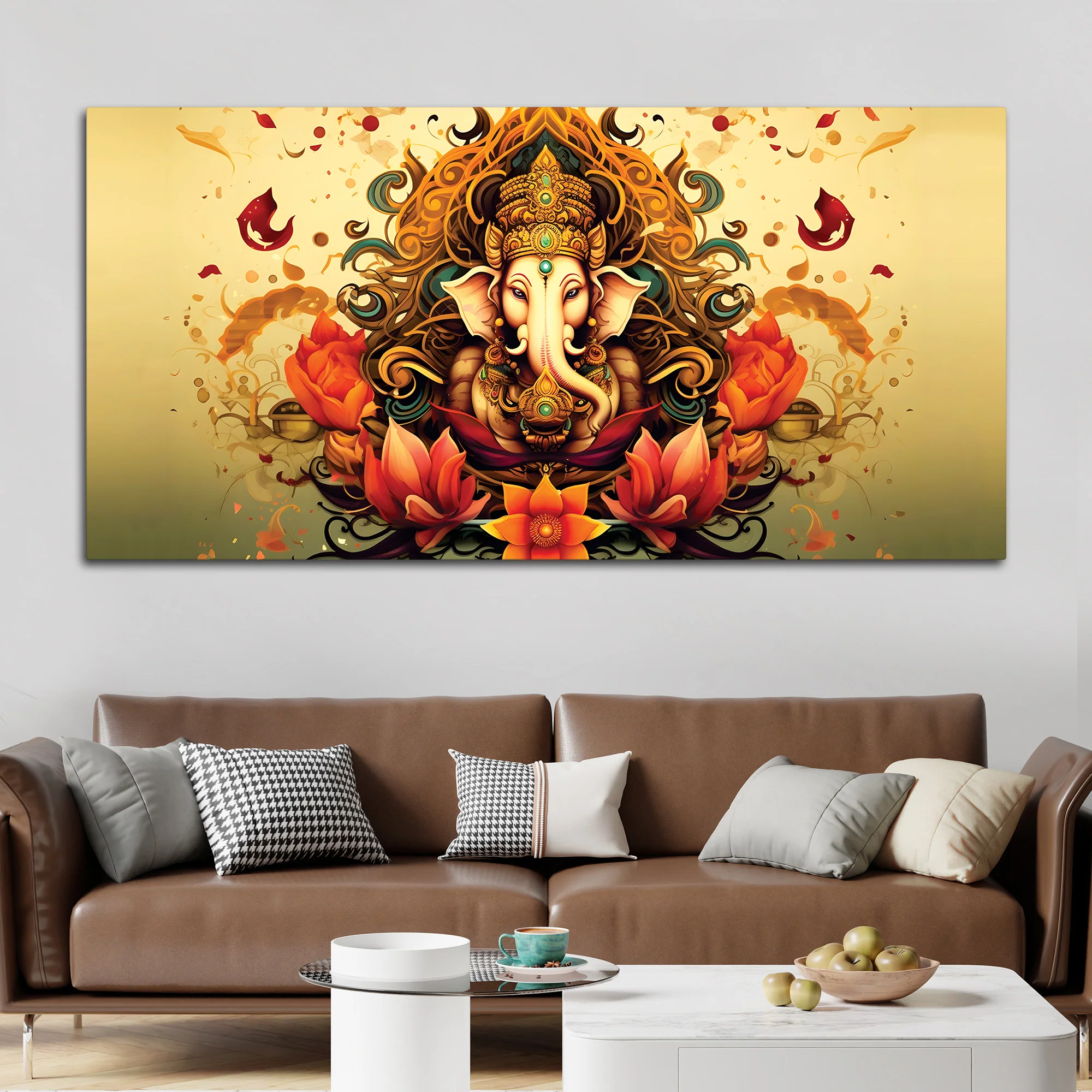 Divine Lord Shri Ganesha in Spiritual Lotus Flowers Artistic Canvas Wall Painting for Home & Office Decor – Modern Devotional Wall Art - Image 2
