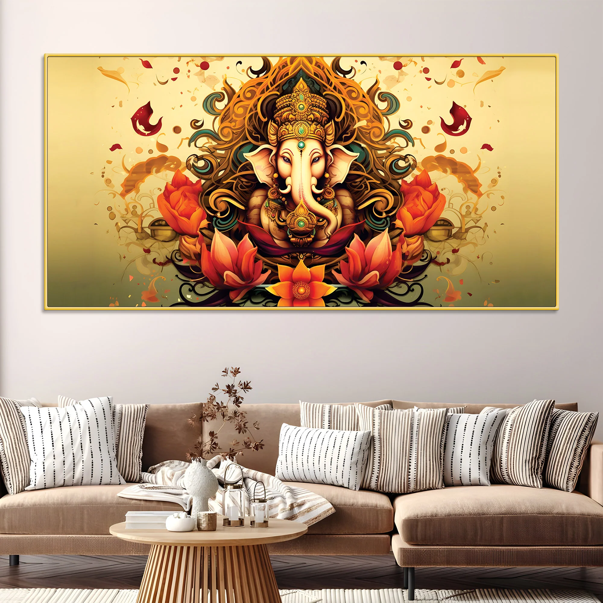 Divine Lord Shri Ganesha in Spiritual Lotus Flowers Artistic Canvas Wall Painting for Home & Office Decor – Modern Devotional Wall Art - Image 3