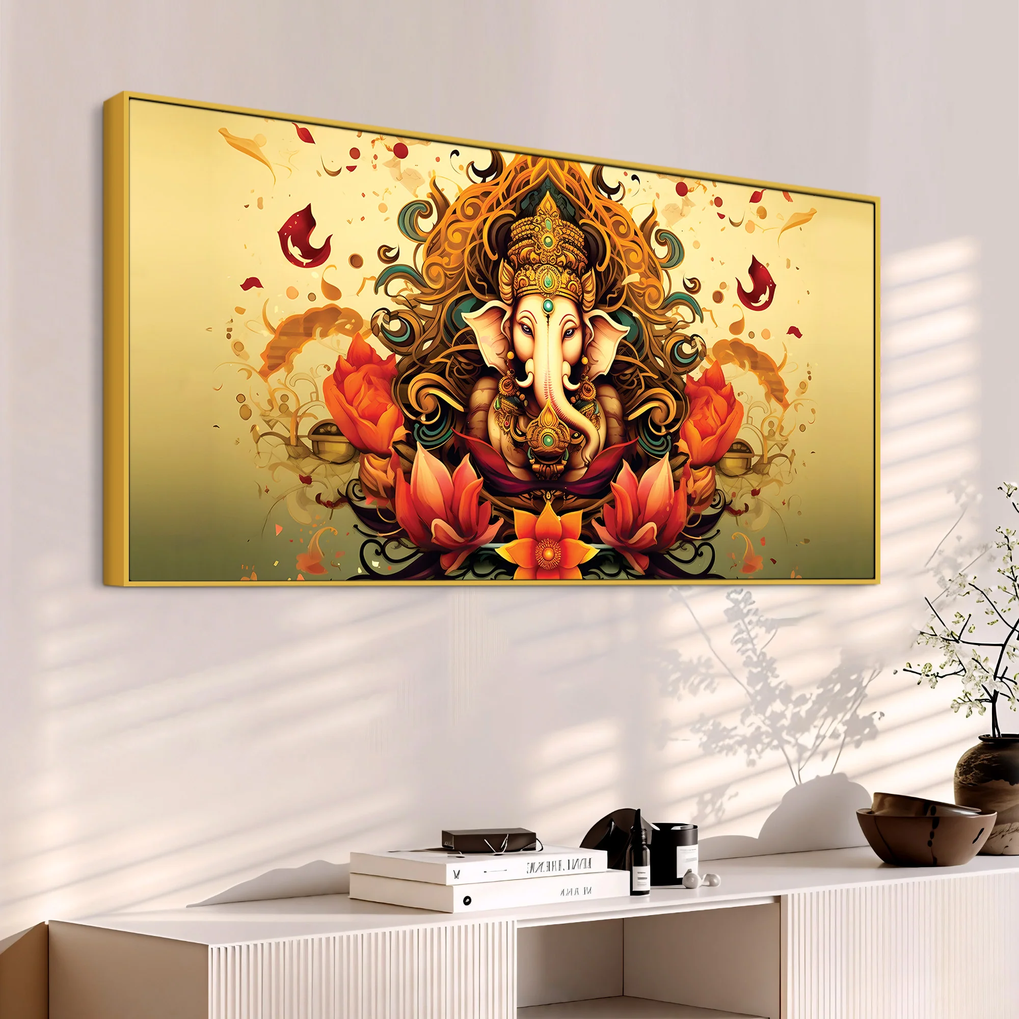Divine Lord Shri Ganesha in Spiritual Lotus Flowers Artistic Canvas Wall Painting for Home & Office Decor – Modern Devotional Wall Art - Image 5