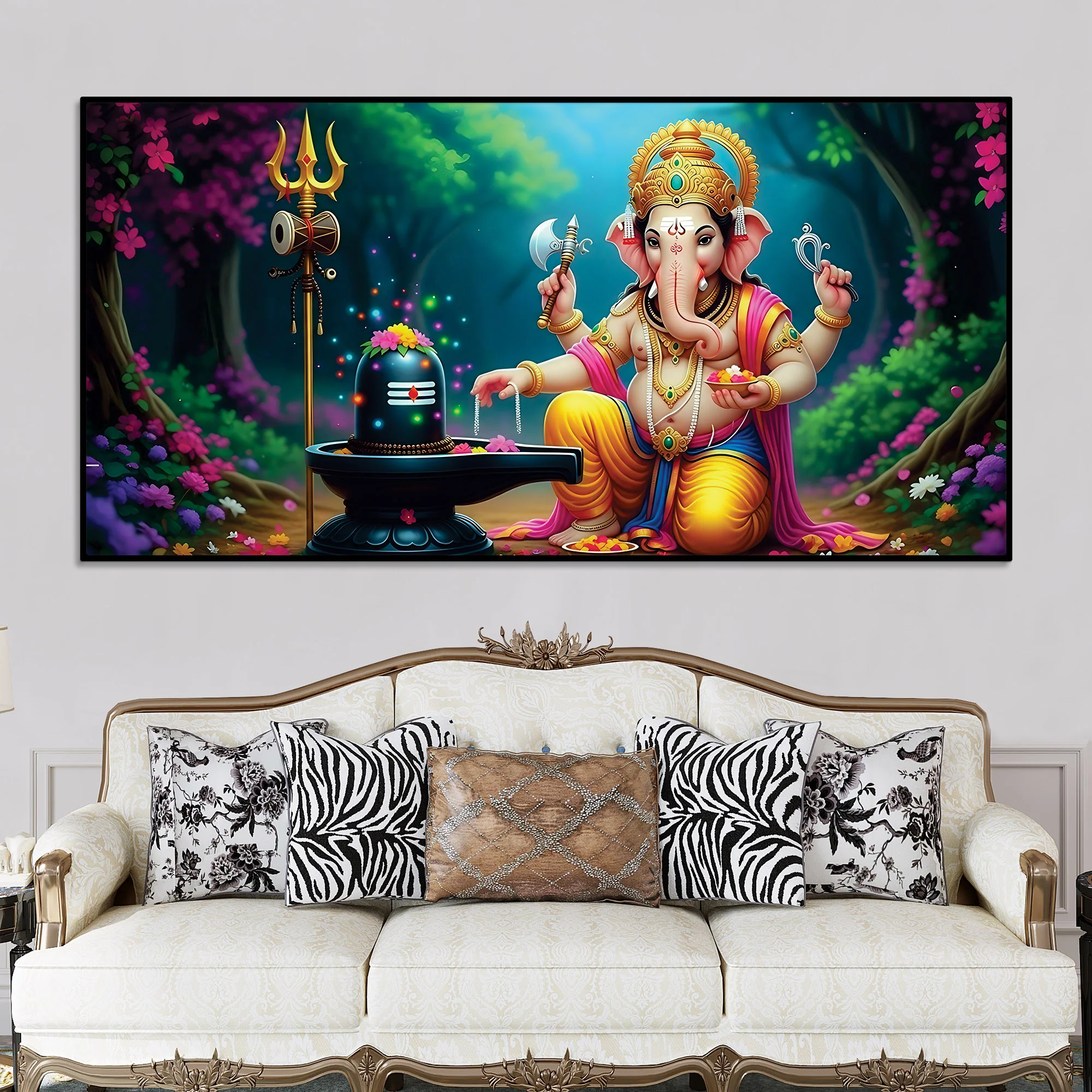 Divine Lord Shri Ganeshji Worshiping Lord Mahadev Shiva Lingam Luxury Canvas Wall Painting for Home & Temple Wall Decor – Modern Religious Wall Art