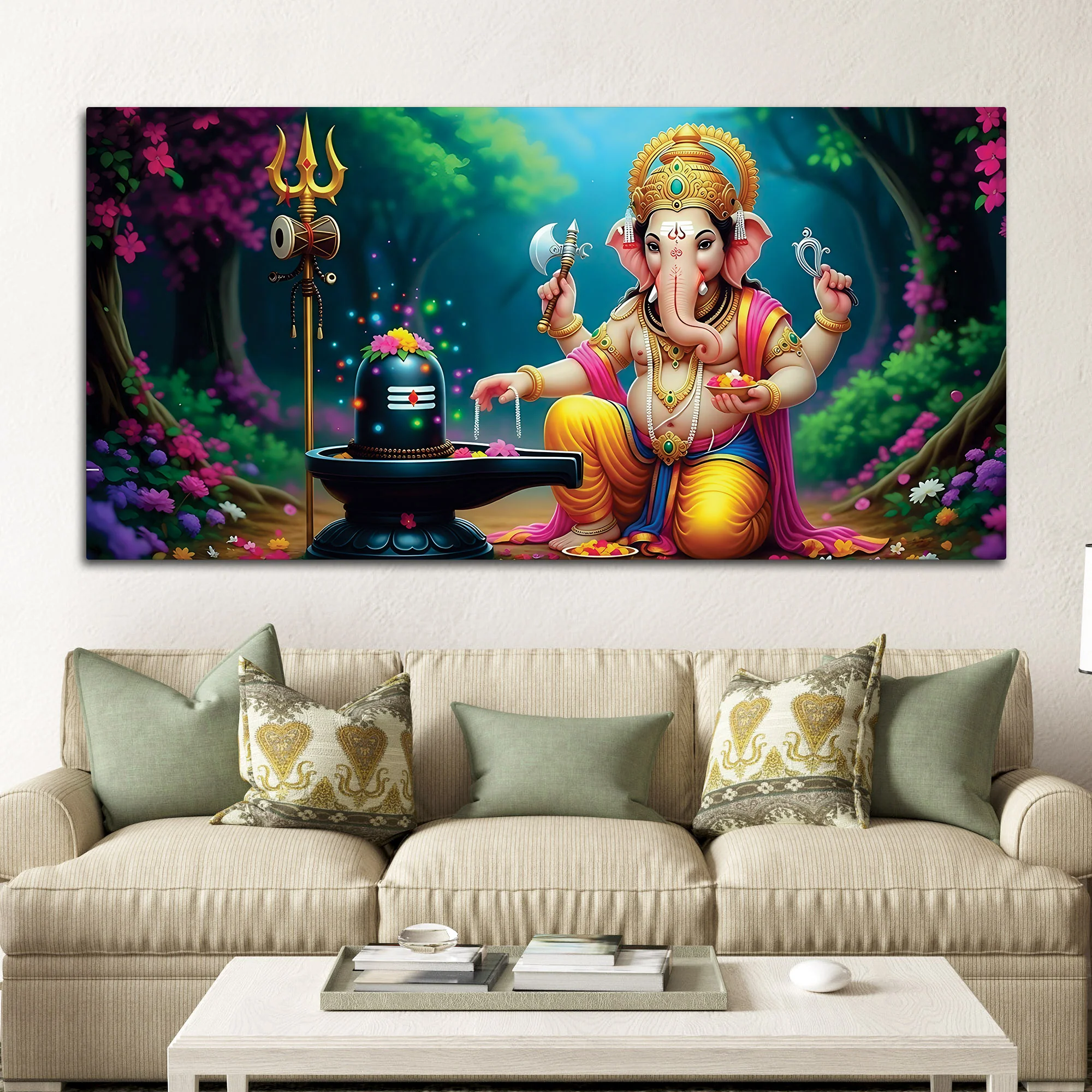 Divine Lord Shri Ganeshji Worshiping Lord Mahadev Shiva Lingam Luxury Canvas Wall Painting for Home & Temple Wall Decor – Modern Religious Wall Art - Image 2