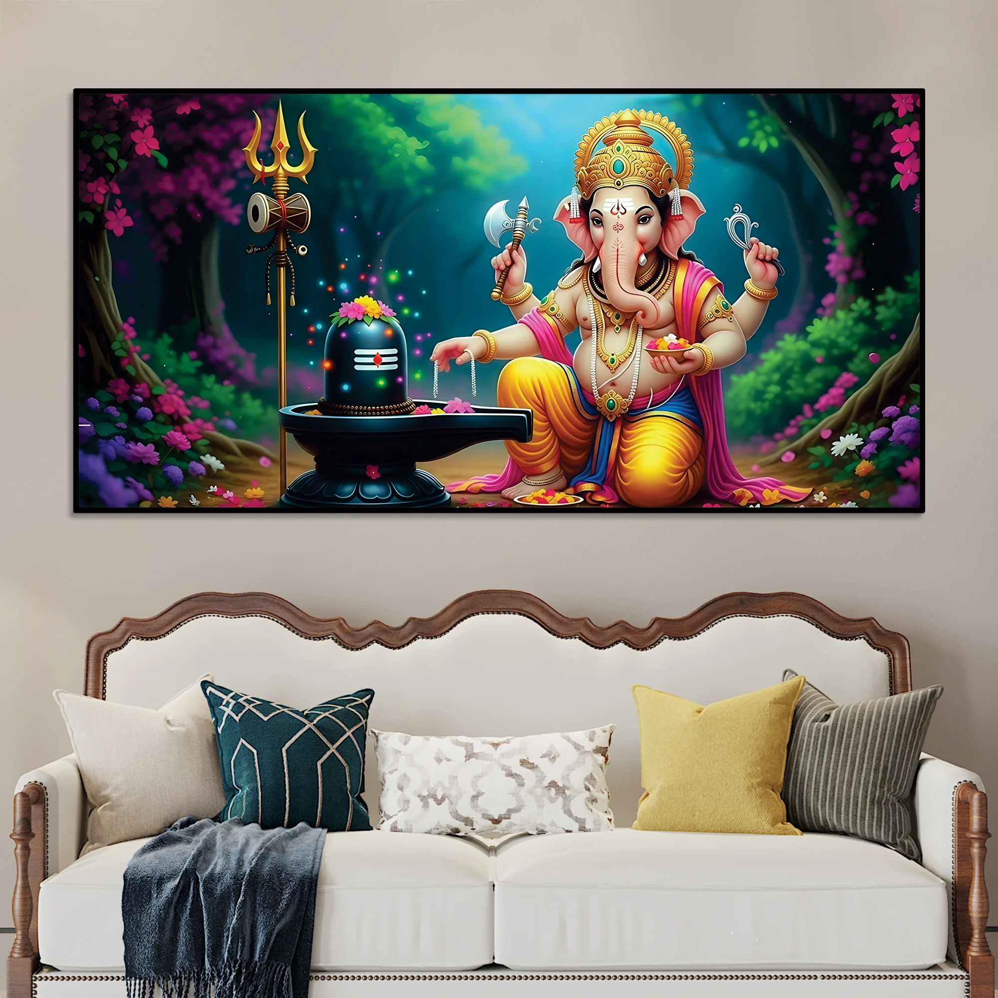 Divine Lord Shri Ganeshji Worshiping Lord Mahadev Shiva Lingam Luxury Canvas Wall Painting for Home & Temple Wall Decor – Modern Religious Wall Art - Image 3