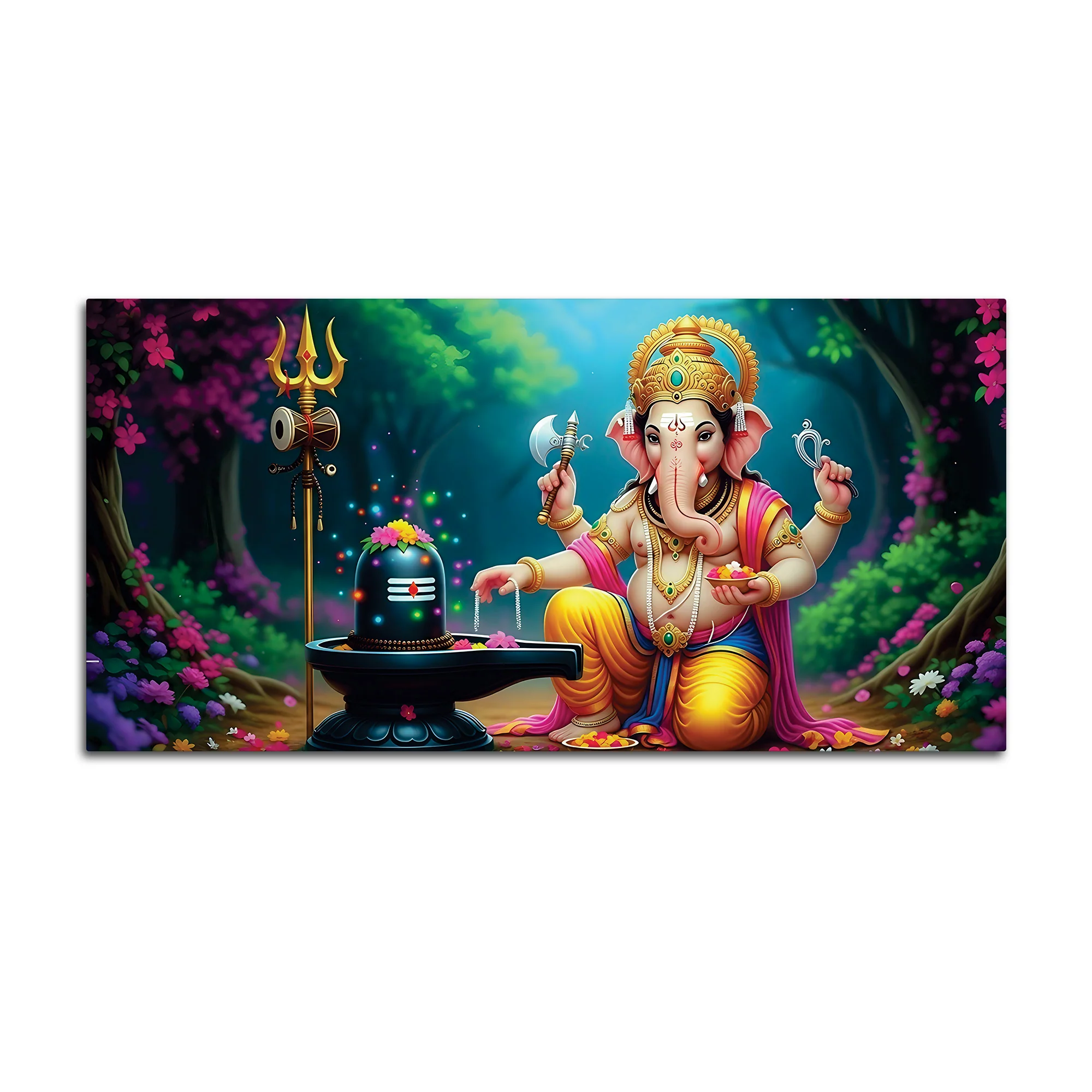 Divine Lord Shri Ganeshji Worshiping Lord Mahadev Shiva Lingam Luxury Canvas Wall Painting for Home & Temple Wall Decor – Modern Religious Wall Art - Image 4