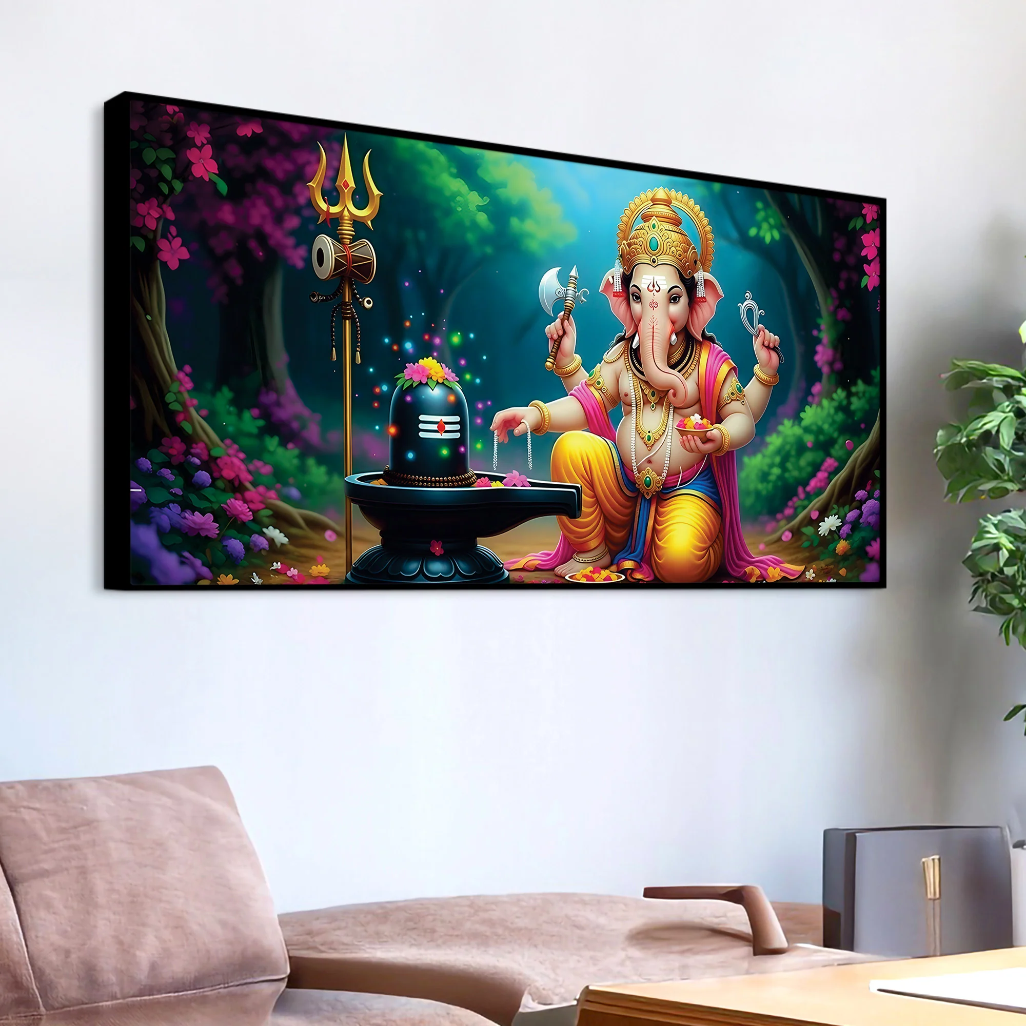Divine Lord Shri Ganeshji Worshiping Lord Mahadev Shiva Lingam Luxury Canvas Wall Painting for Home & Temple Wall Decor – Modern Religious Wall Art - Image 5