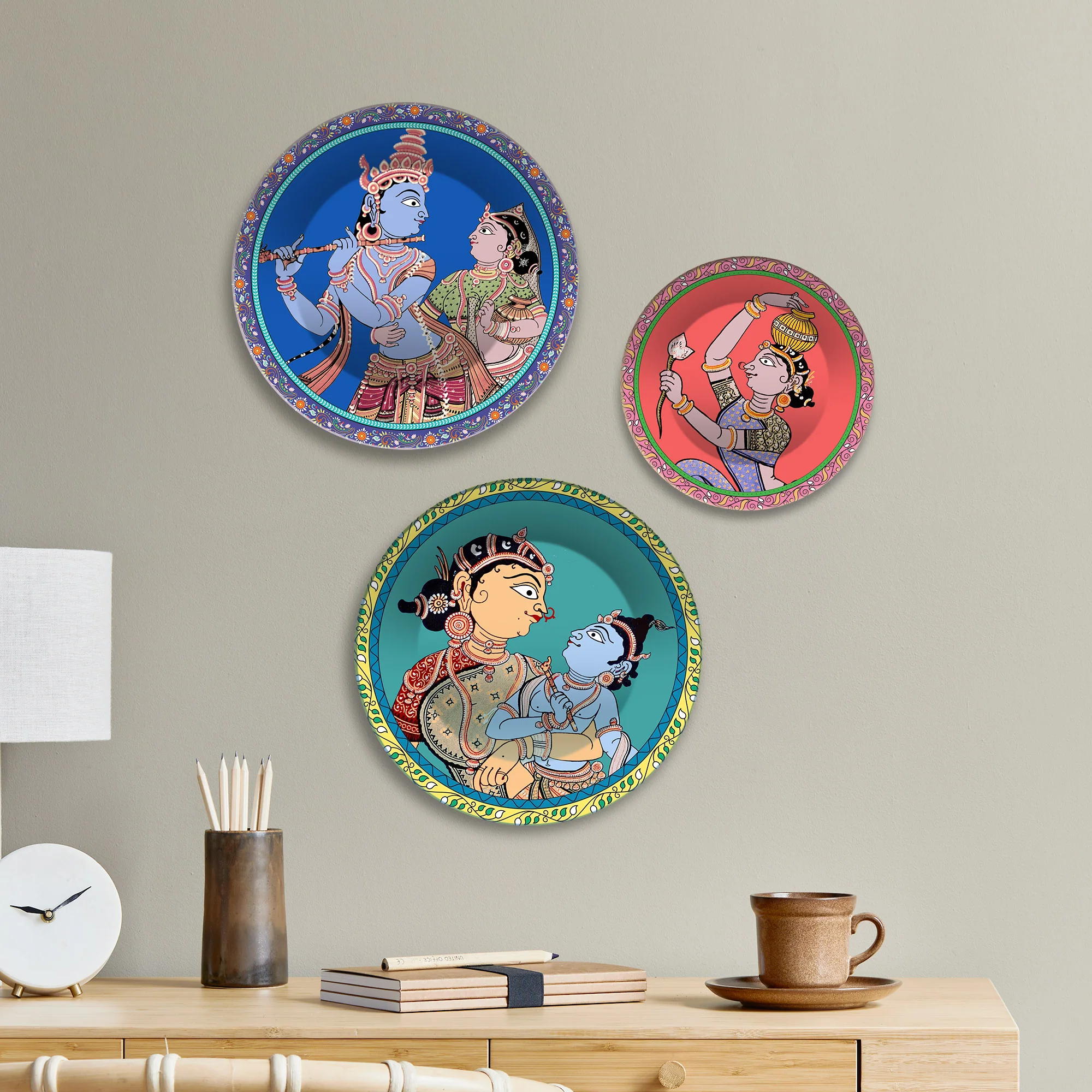 Divine Love Krishna Leela Premium Wall Plates Painting Set of 3 - Image 2