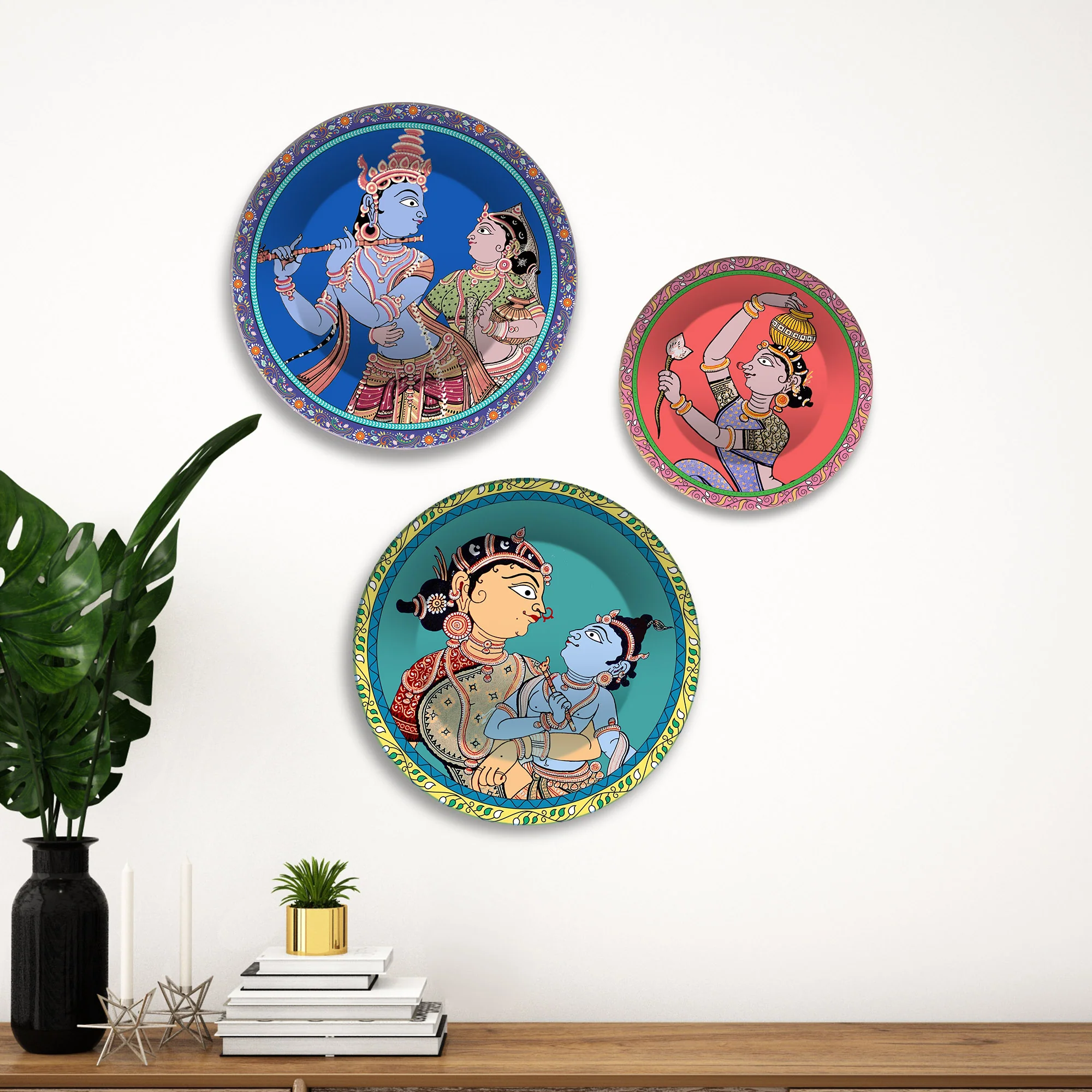 Divine Love Krishna Leela Premium Wall Plates Painting Set of 3 - Image 3