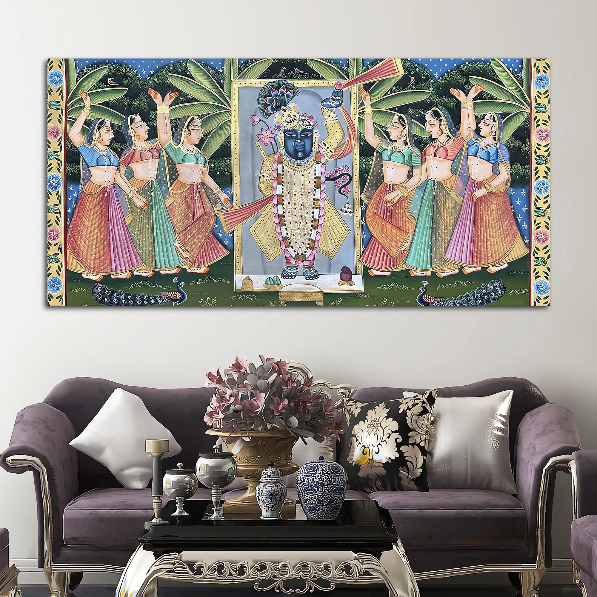 Divine Nathdwara Shreenathji with Gopis Pichwai Canvas Wall Painting - Image 3