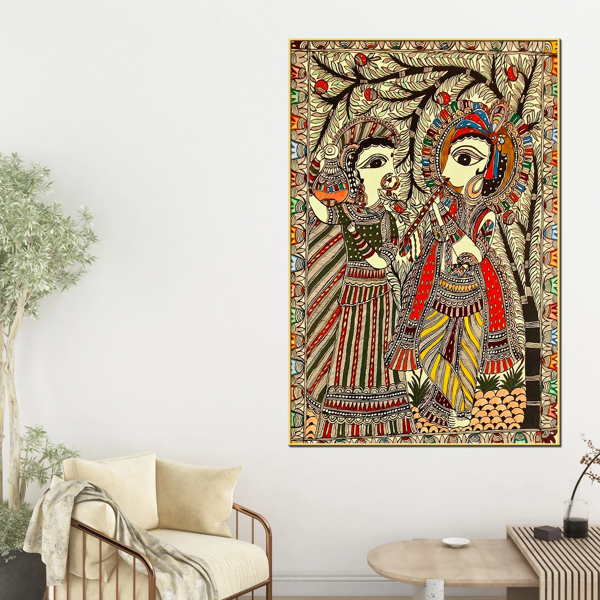 Divine Radha Krishna Madhubani Canvas Painting for Religious Indian Wall Decor