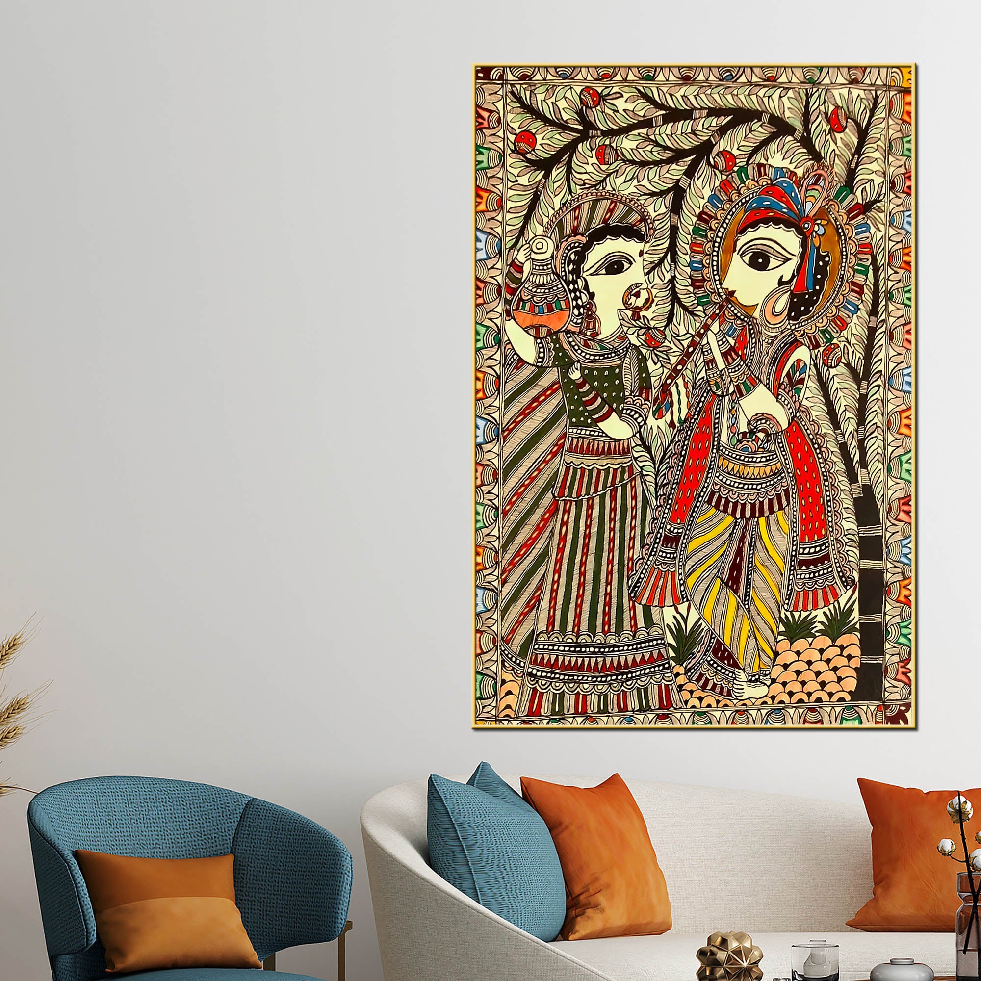 Divine Radha Krishna Madhubani Canvas Painting for Religious Indian Wall Decor - Image 2