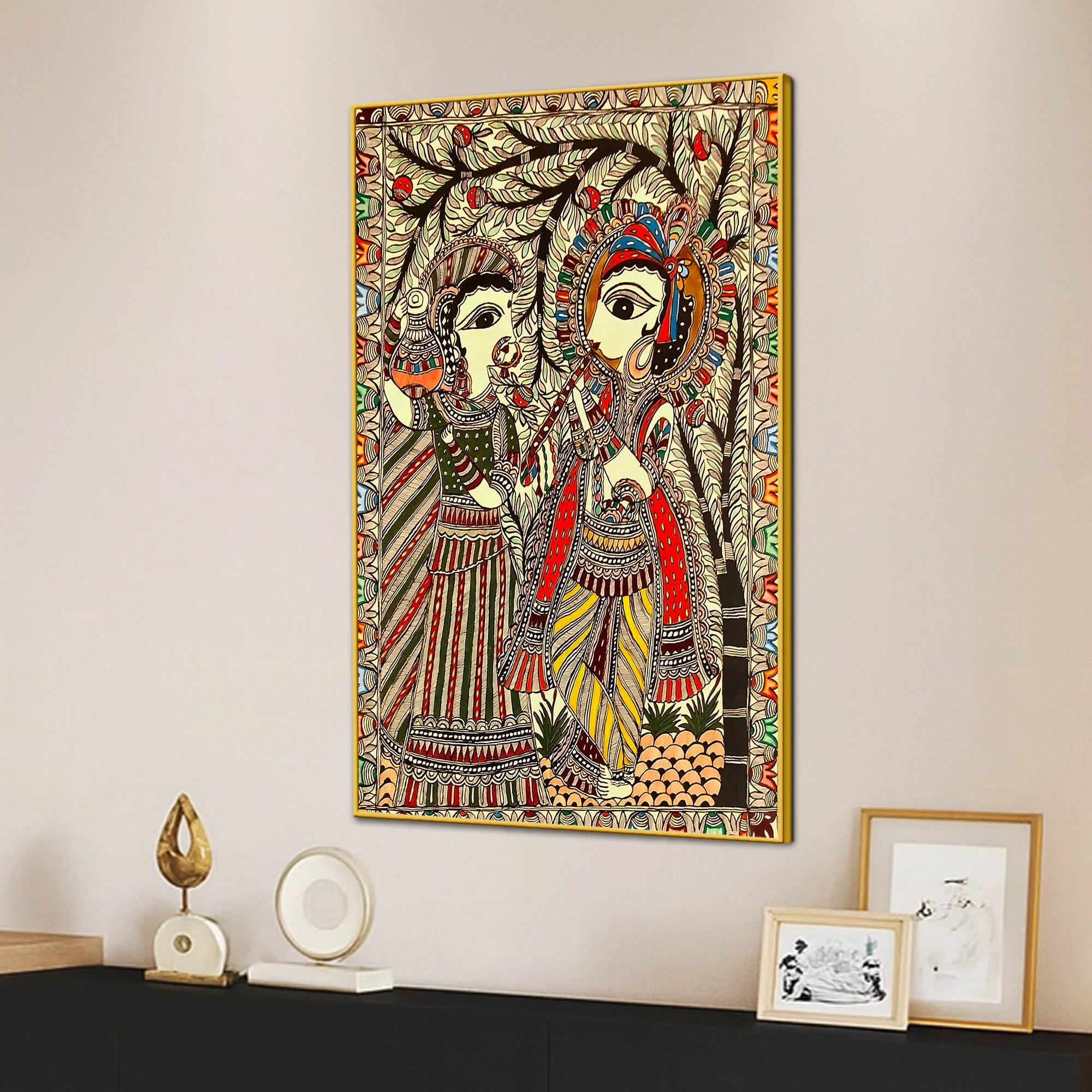 Divine Radha Krishna Madhubani Canvas Painting for Religious Indian Wall Decor - Image 3