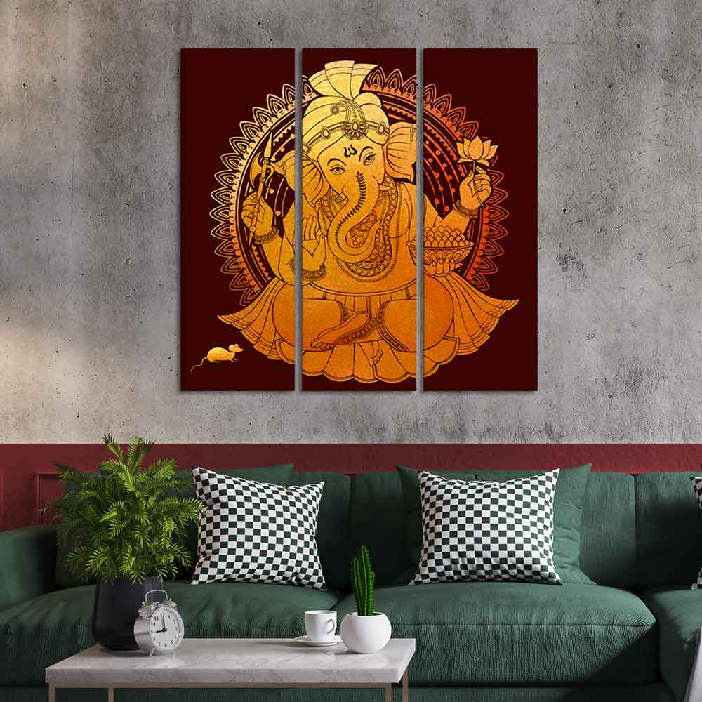 Divine Shree Ganesh Canvas Wall Painting of Three Pieces - Image 3