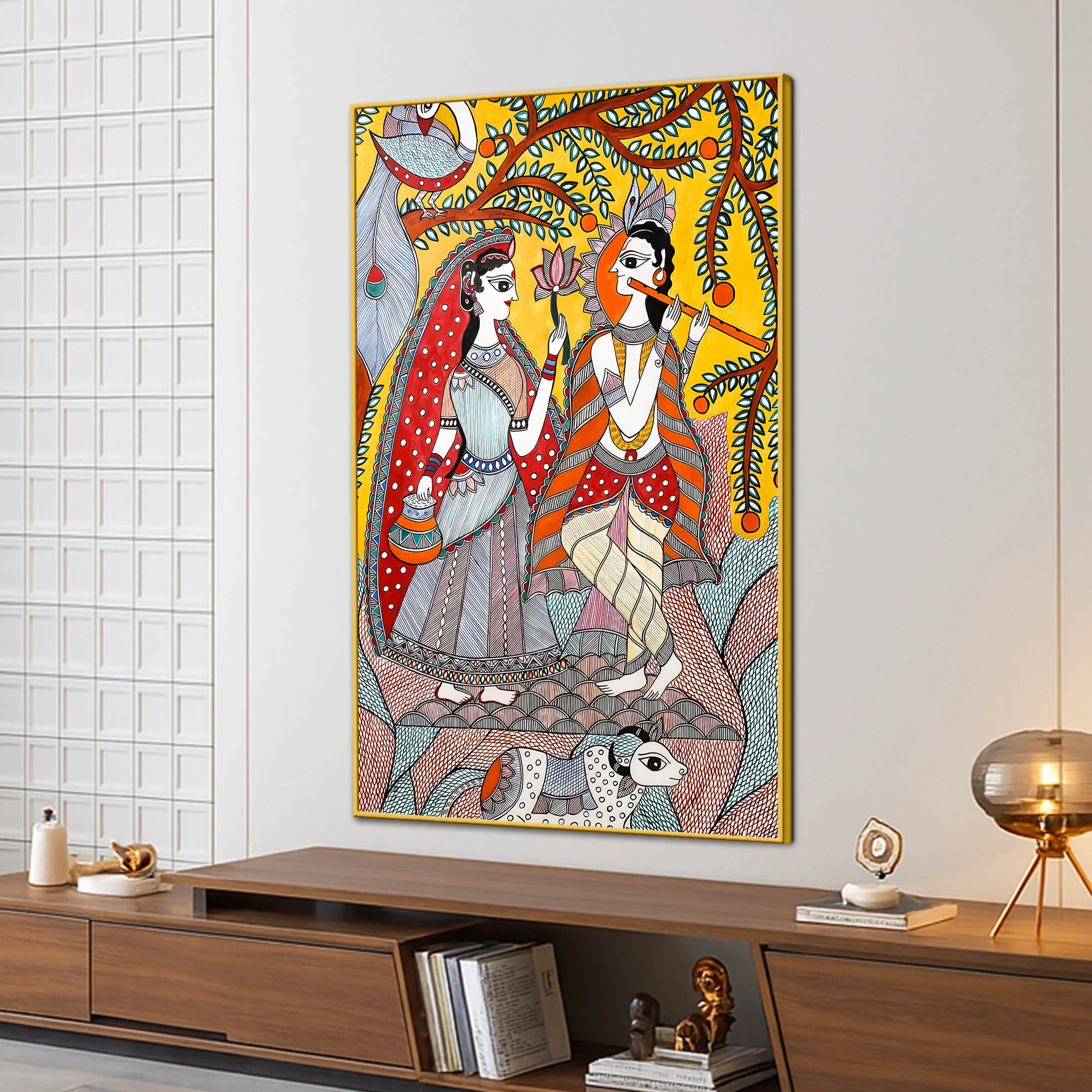 Divine Shree Radha Krishna Love Folk Art Canvas Wall Painting - Image 3