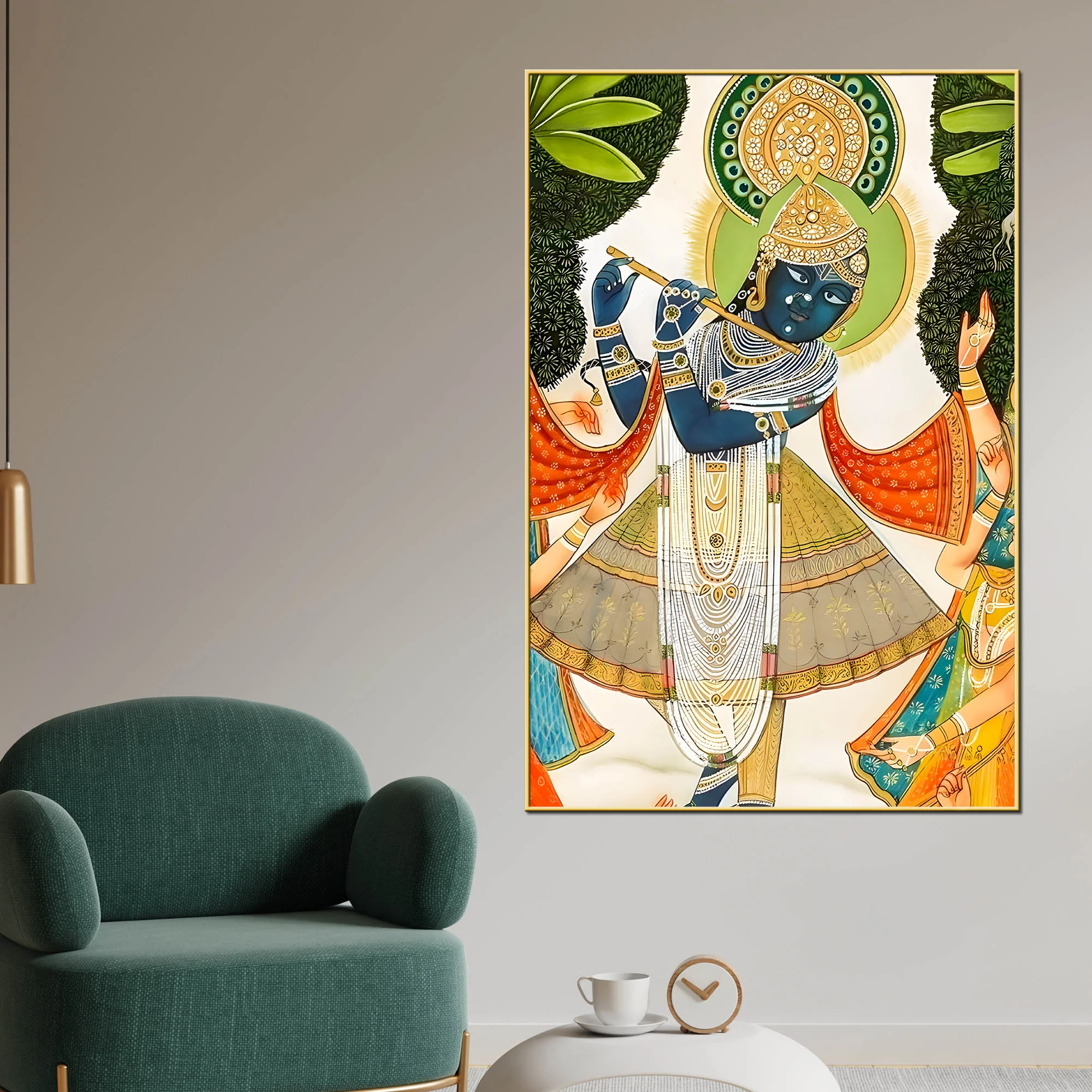 Divine Shreenathji Playing Flute Pichwai Style Canvas Wall Painting