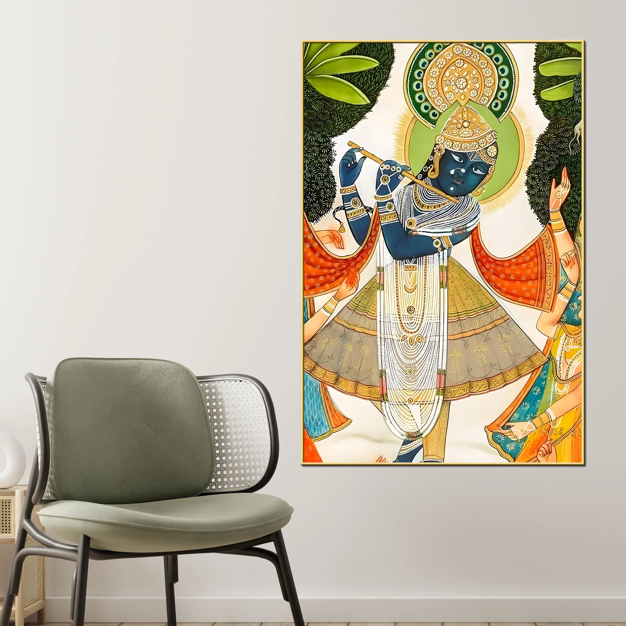 Divine Shreenathji Playing Flute Pichwai Style Canvas Wall Painting - Image 2