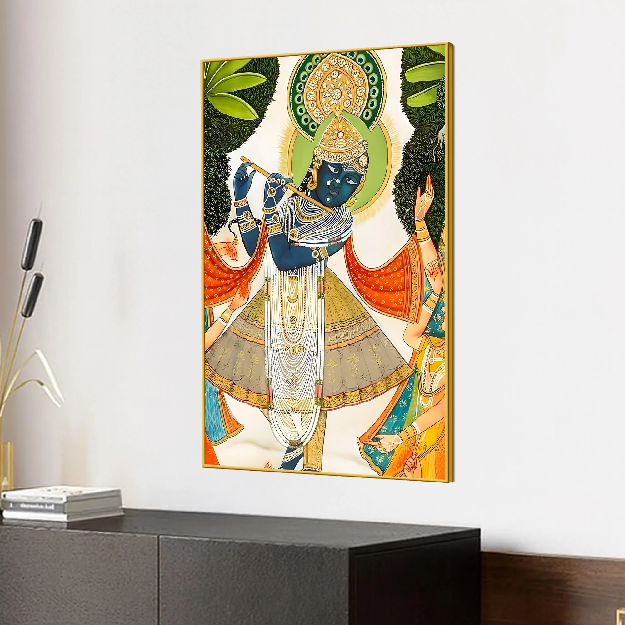 Divine Shreenathji Playing Flute Pichwai Style Canvas Wall Painting - Image 3