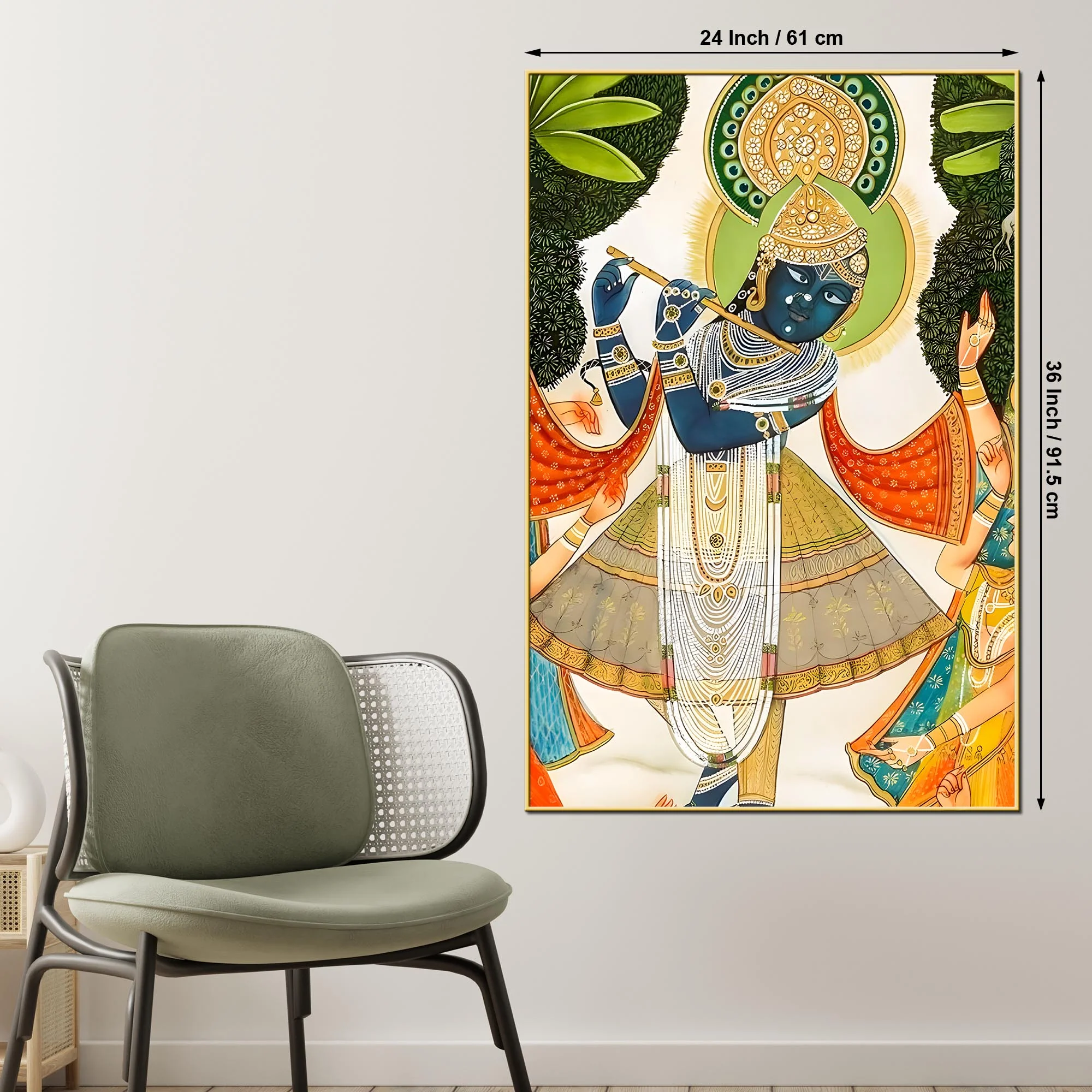 Divine Shreenathji Playing Flute Pichwai Style Canvas Wall Painting - Image 5