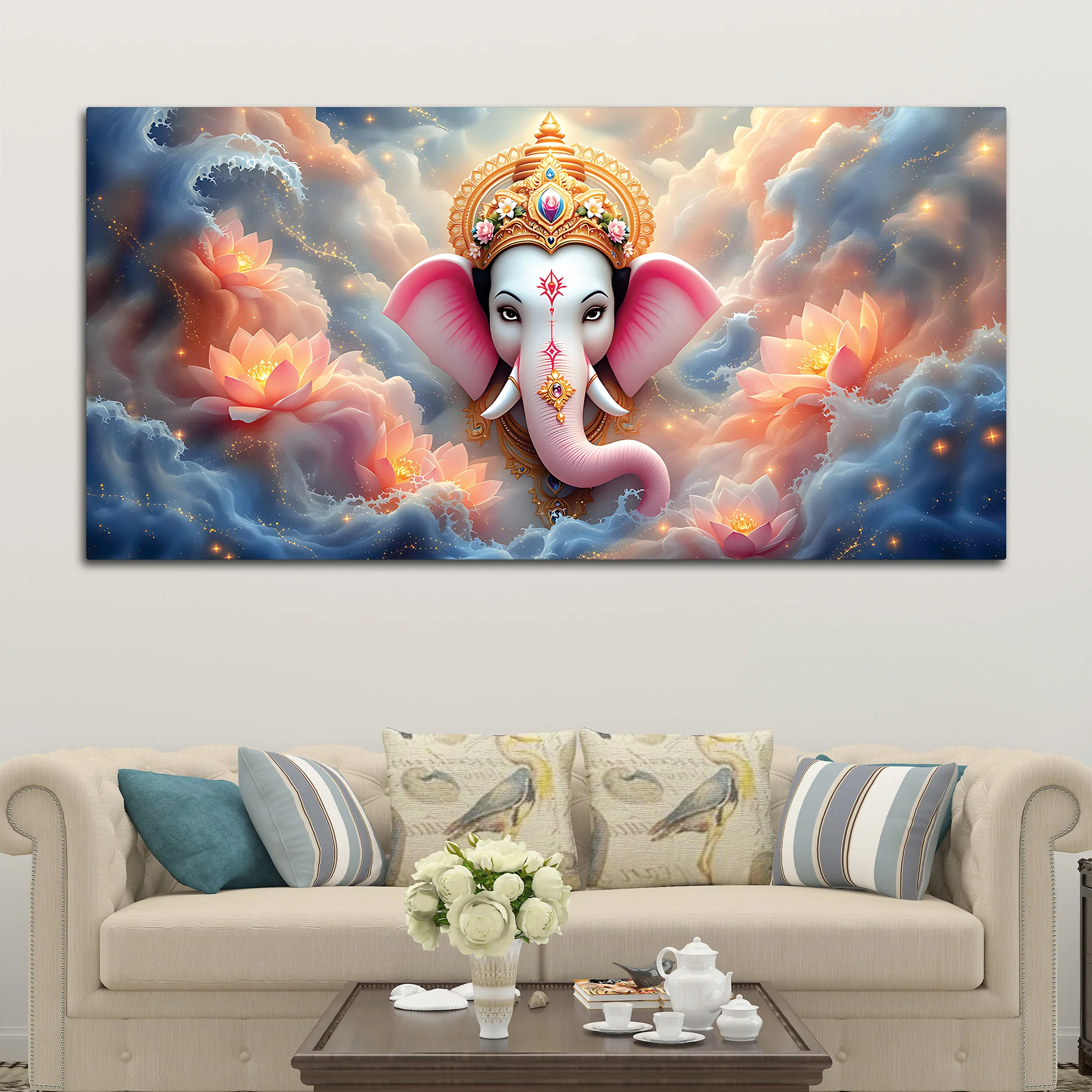 Divine Shri Ganesha in Celestial Clouds & Pink Lotus Marvellous Canvas Wall Painting for Home & Office Decor – Modern Devotional Wall Art - Image 2