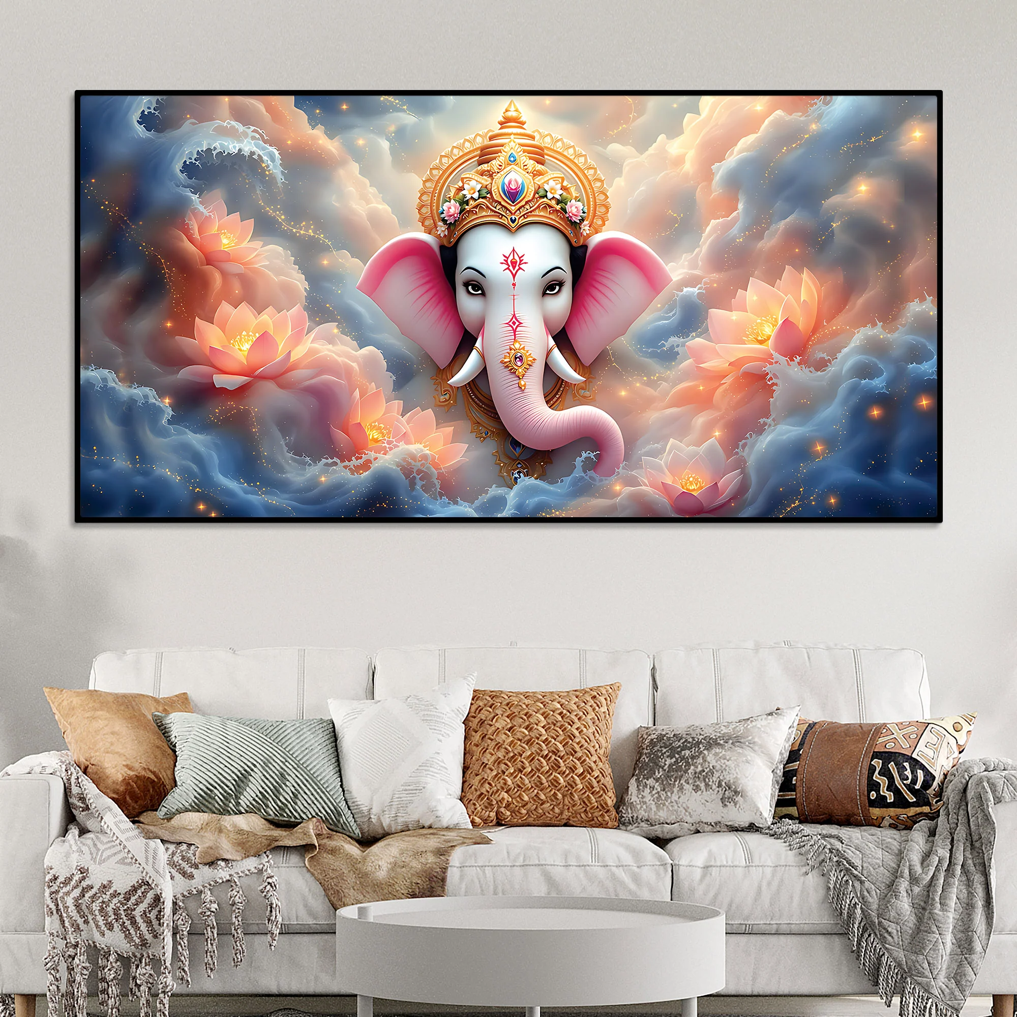 Divine Shri Ganesha in Celestial Clouds & Pink Lotus Marvellous Canvas Wall Painting for Home & Office Decor – Modern Devotional Wall Art - Image 3