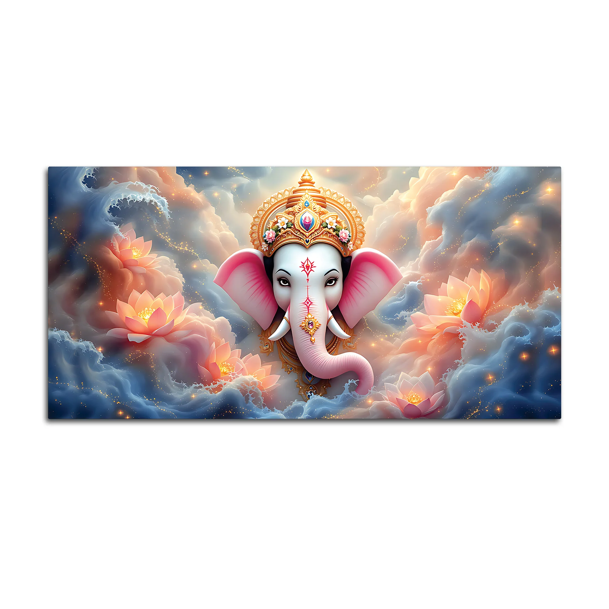 Divine Shri Ganesha in Celestial Clouds & Pink Lotus Marvellous Canvas Wall Painting for Home & Office Decor – Modern Devotional Wall Art - Image 4