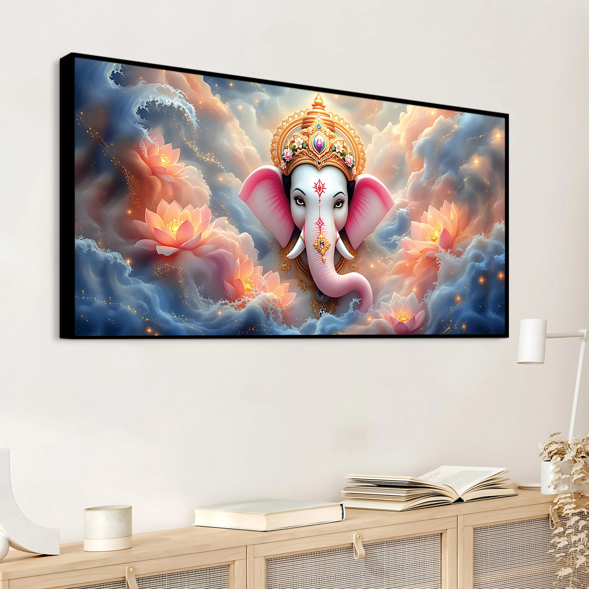 Divine Shri Ganesha in Celestial Clouds & Pink Lotus Marvellous Canvas Wall Painting for Home & Office Decor – Modern Devotional Wall Art - Image 5