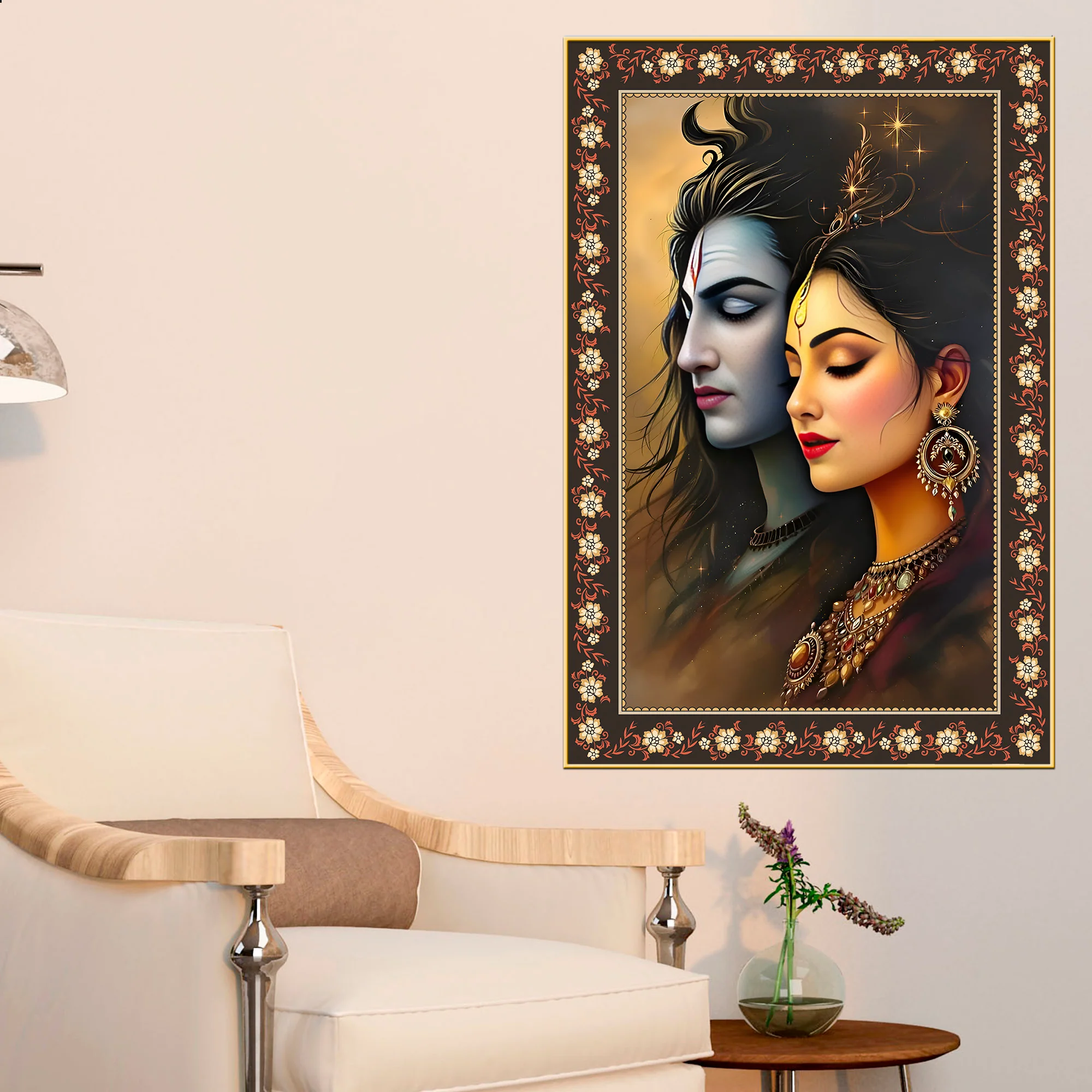 Divine Union Gauri Shankar Floral Border Vertical Wall Painting