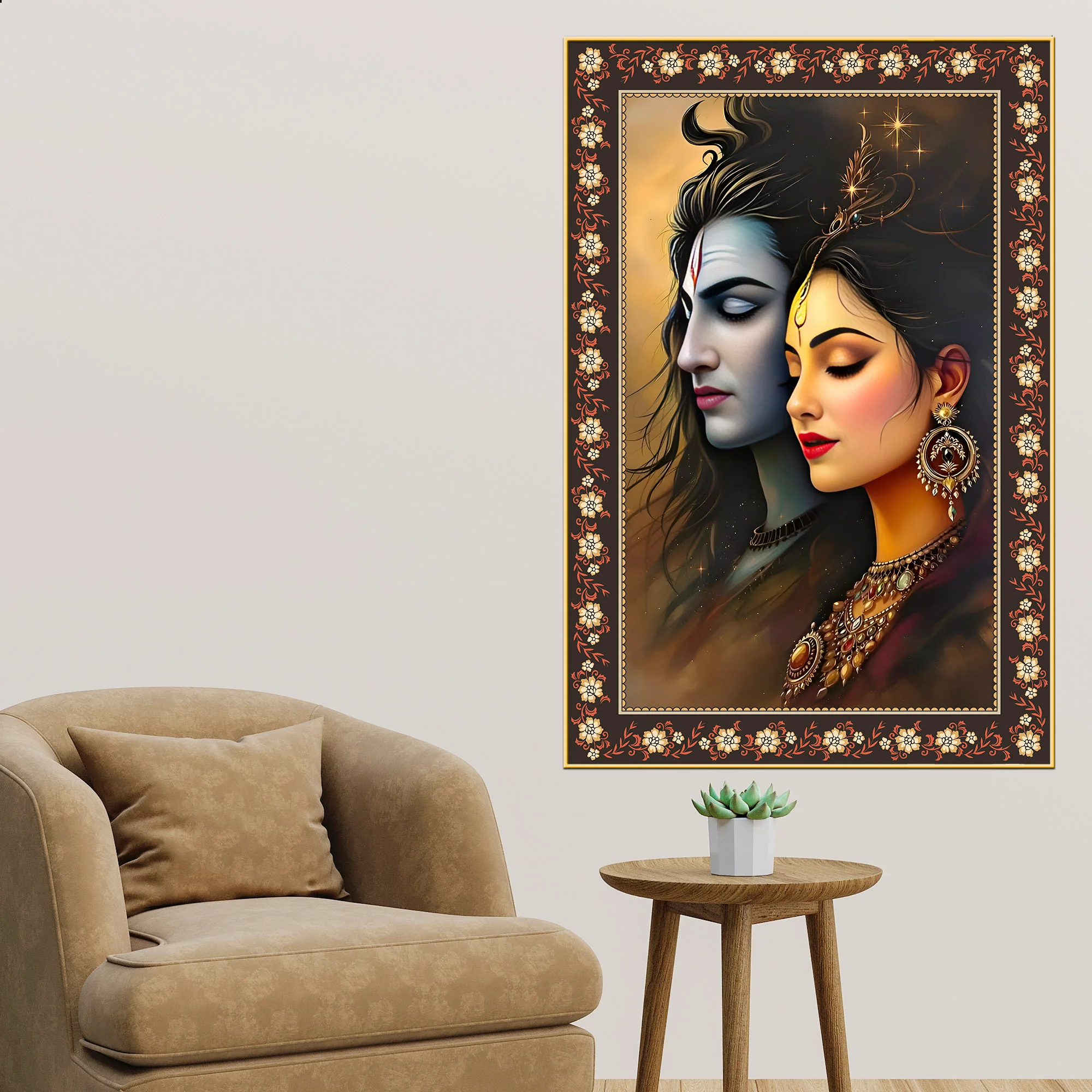 Divine Union Gauri Shankar Floral Border Vertical Wall Painting - Image 2