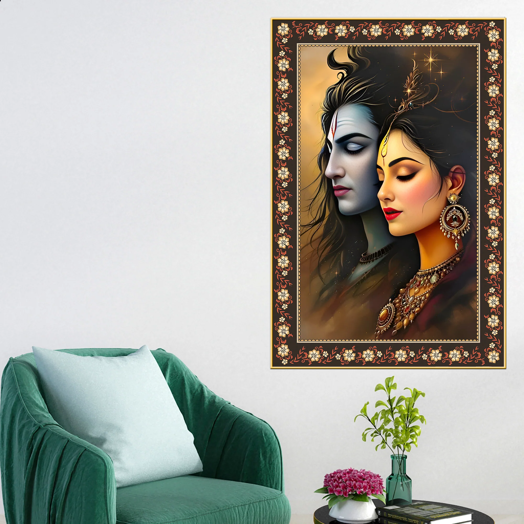 Divine Union Gauri Shankar Floral Border Vertical Wall Painting - Image 3