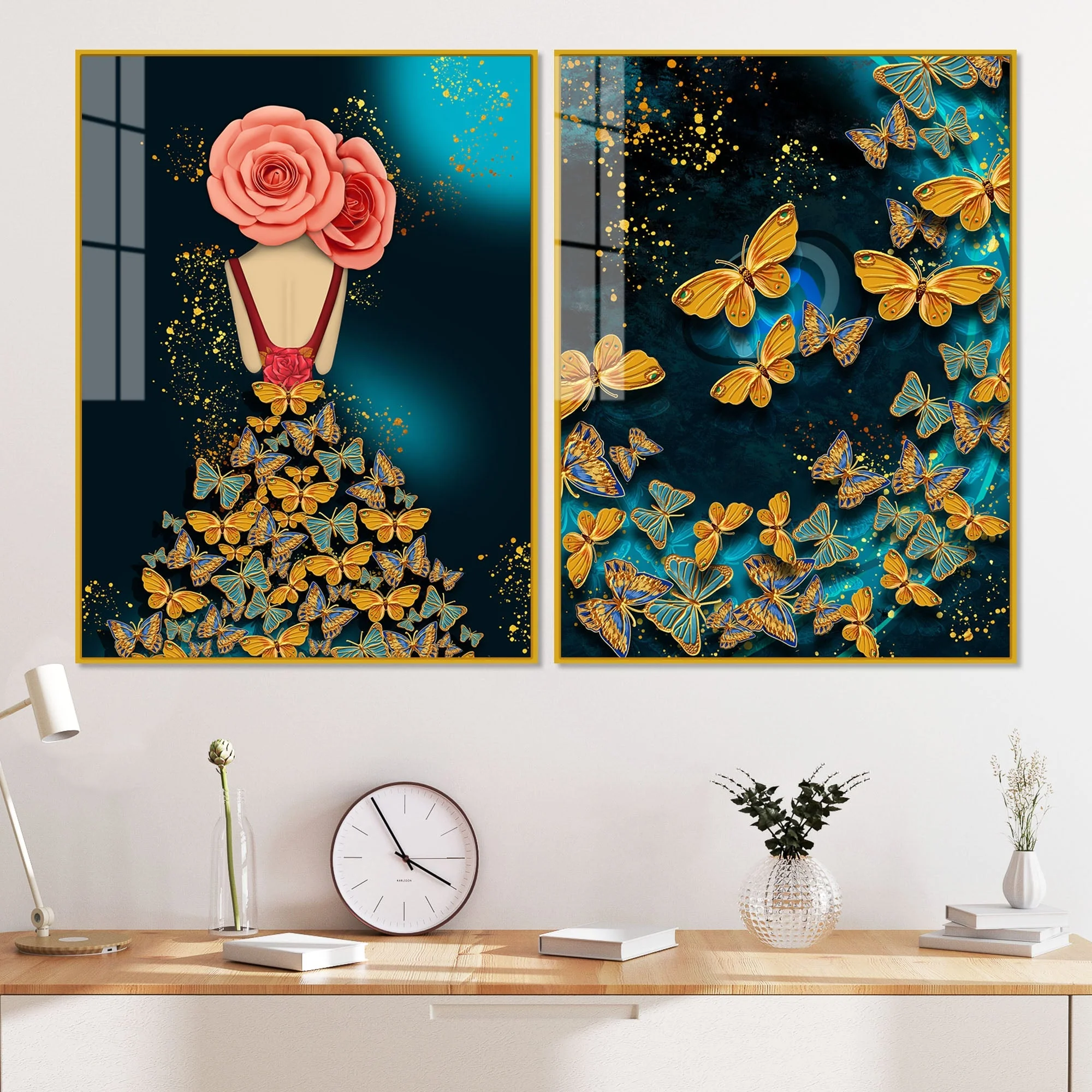 Dress of Golden Butterflies Acrylic Floating Wall Painting Set of 2 - Image 2