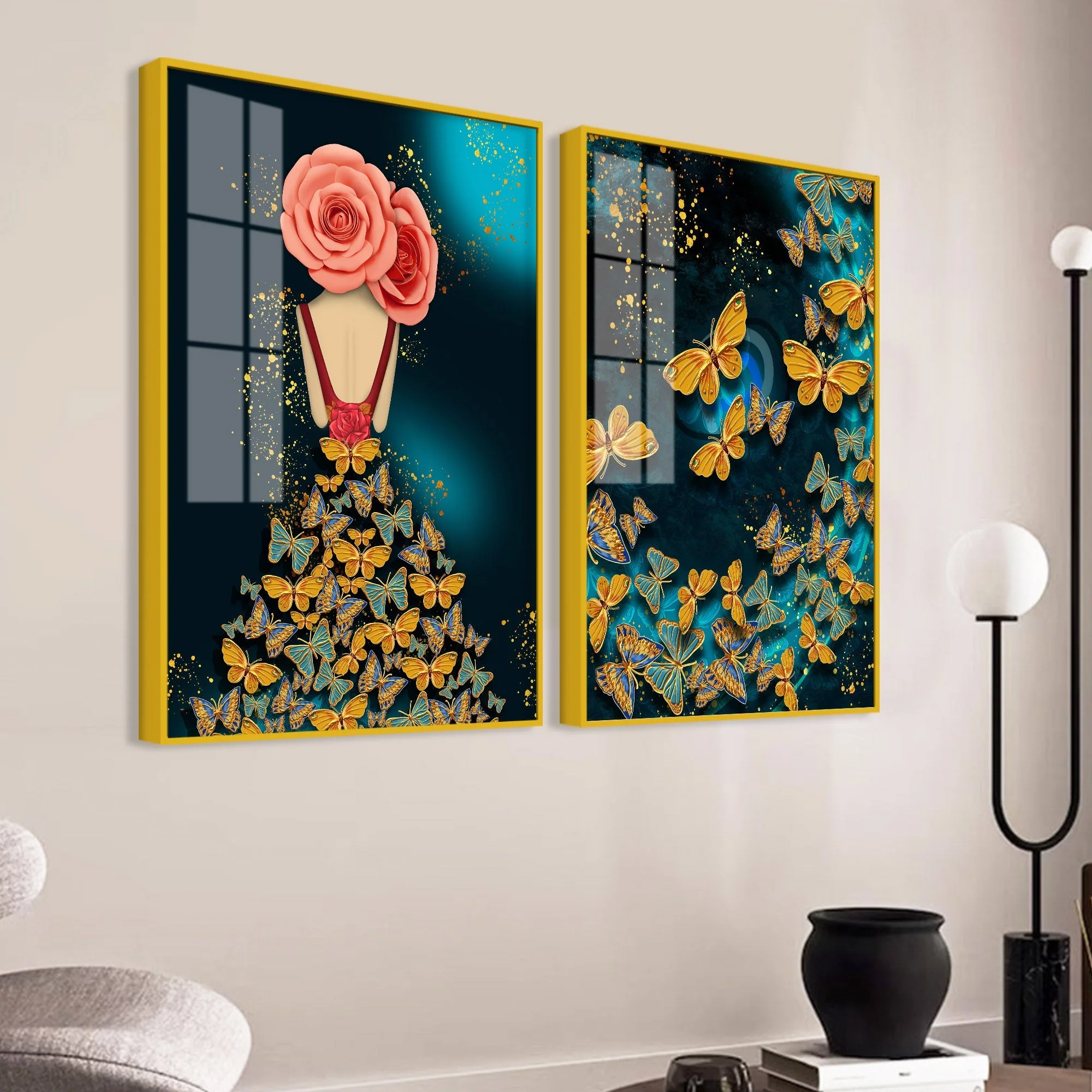 Dress of Golden Butterflies Acrylic Floating Wall Painting Set of 2 - Image 3