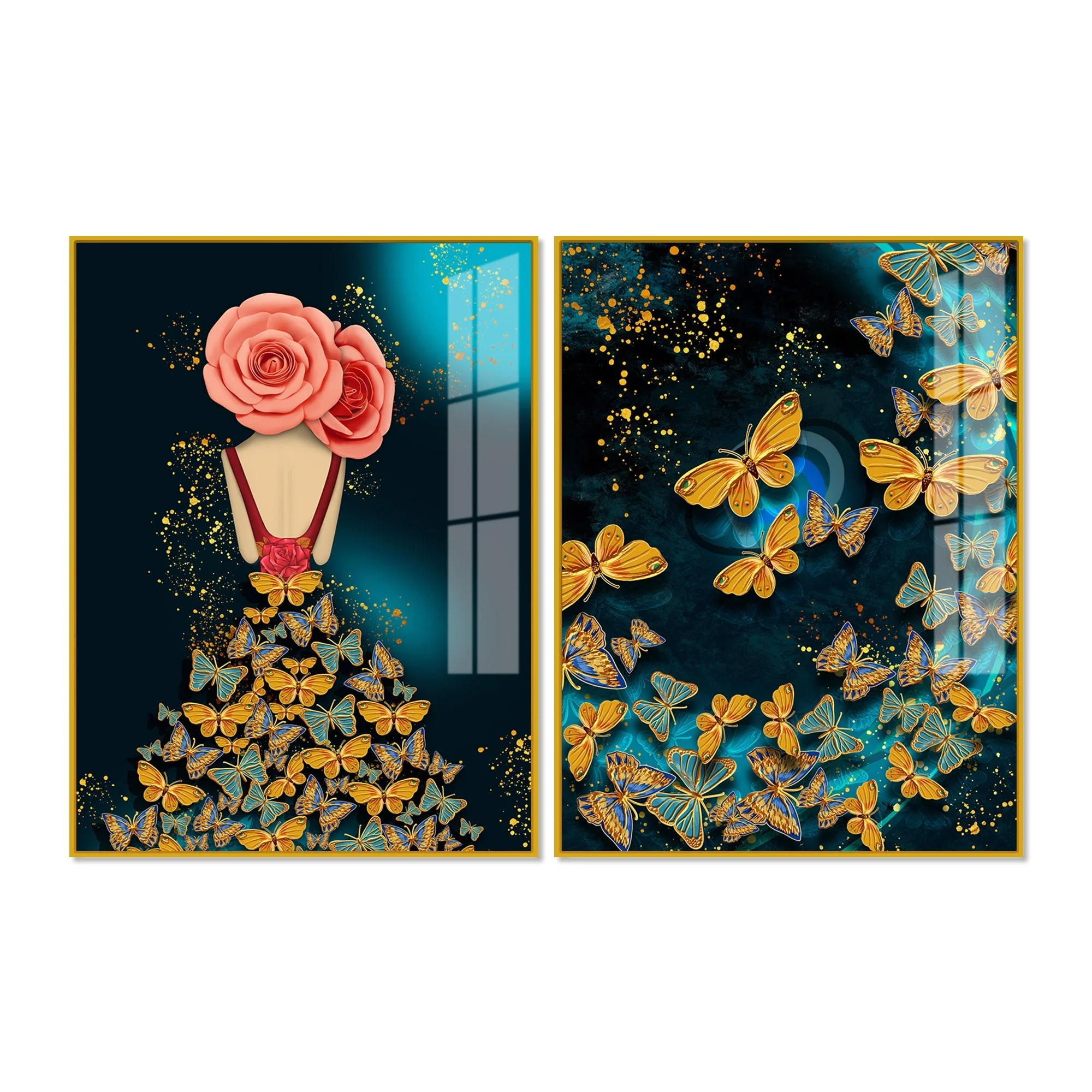 Dress of Golden Butterflies Acrylic Floating Wall Painting Set of 2 - Image 5