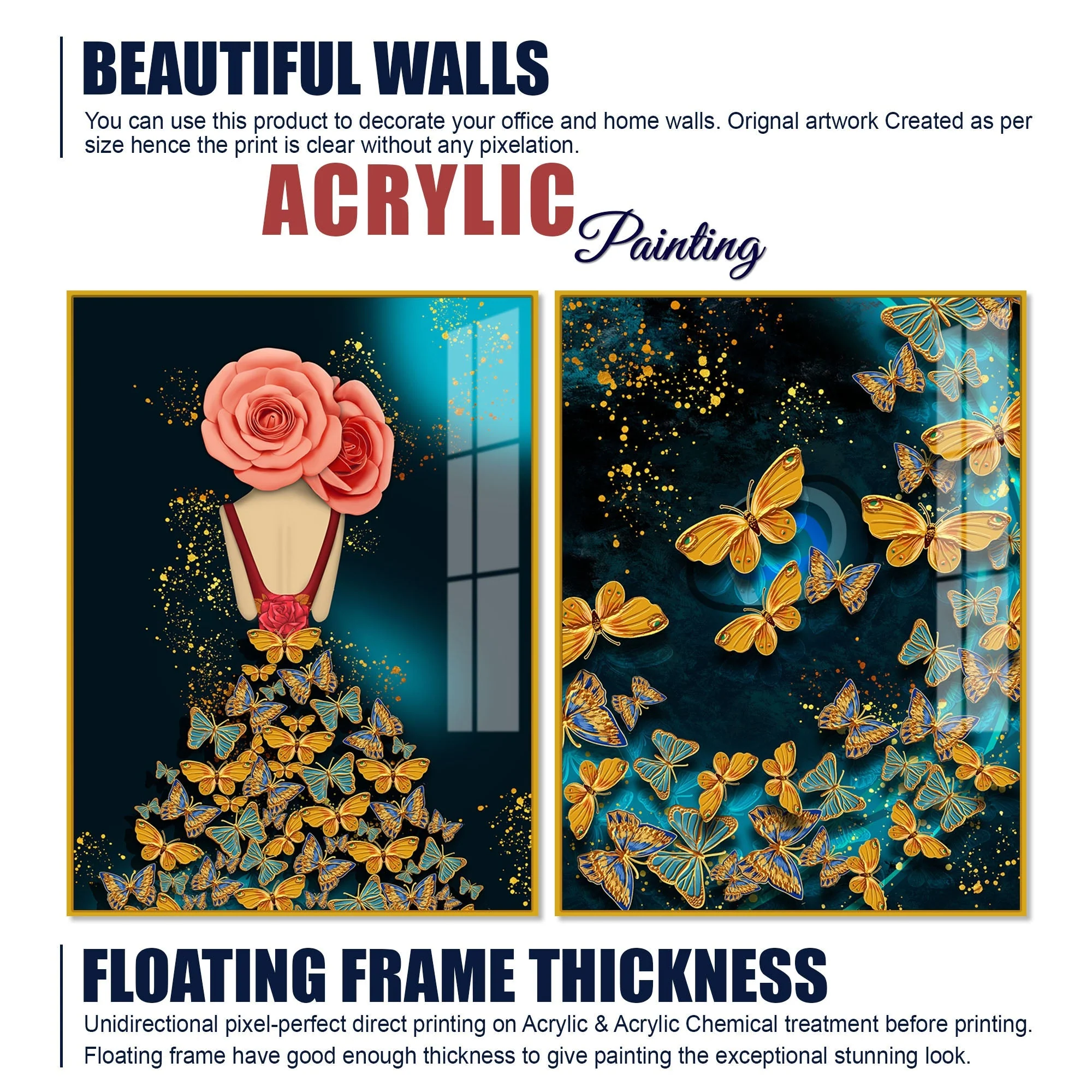 Dress of Golden Butterflies Acrylic Floating Wall Painting Set of 2 - Image 6