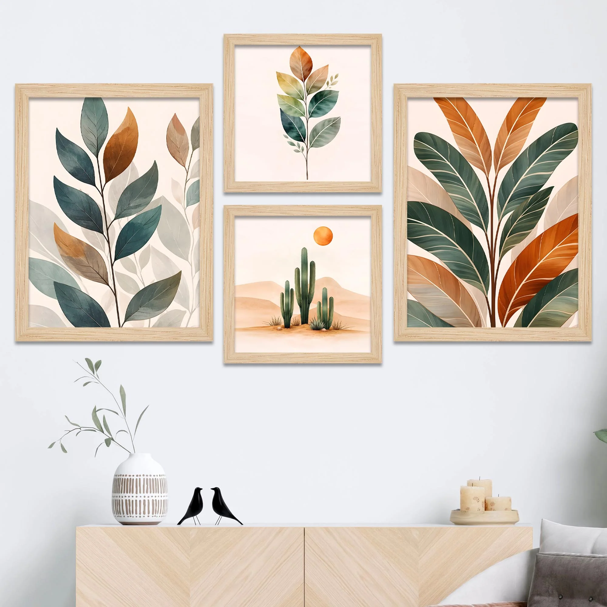 Earth Tone Minimal Art of Botanical Leaf Wall Frame Set of Four - Image 2