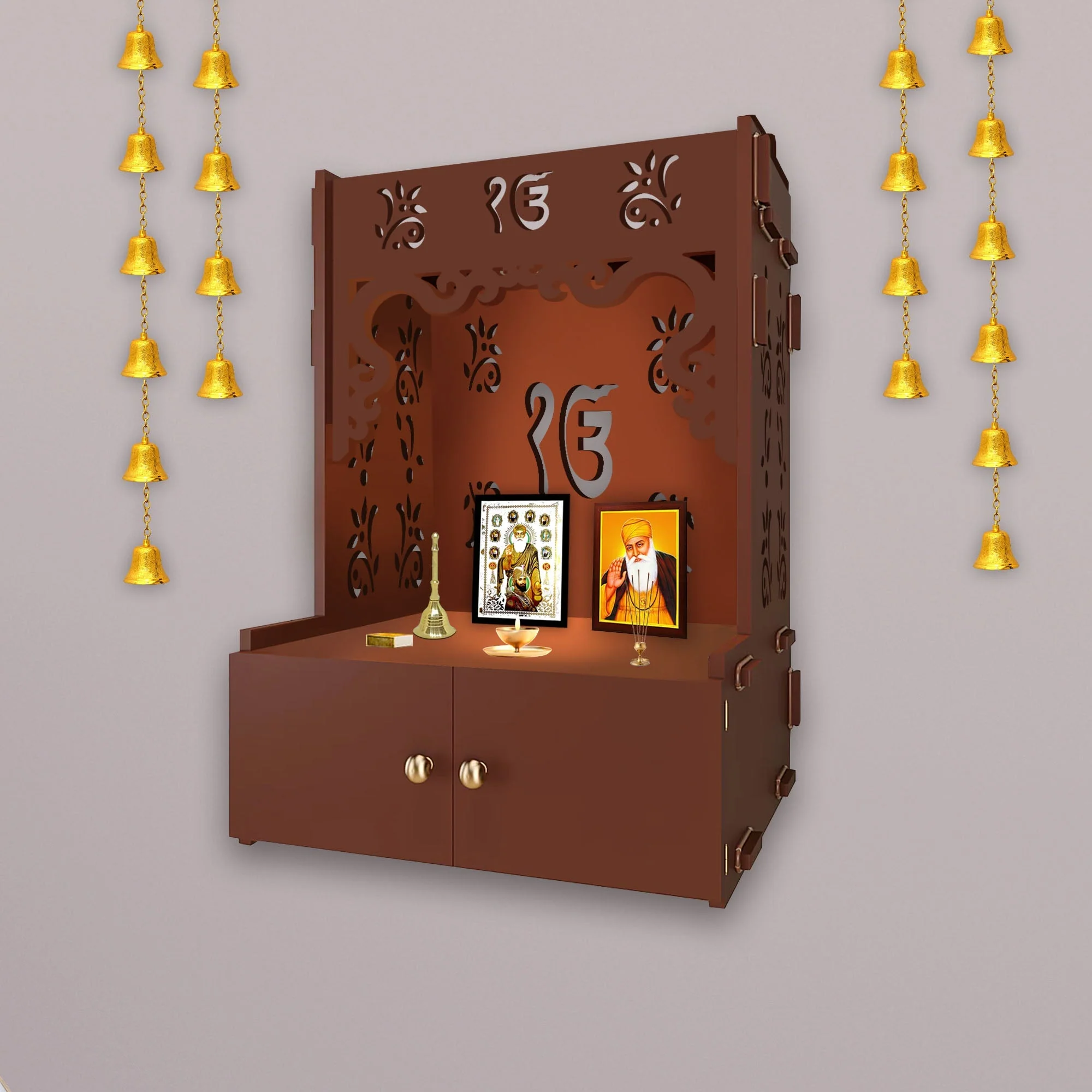 Ek-onkar Holy Symbol Brown Wooden Wall Temple for Home With Inbuilt focus Lights & Spacious Shelf - Image 2
