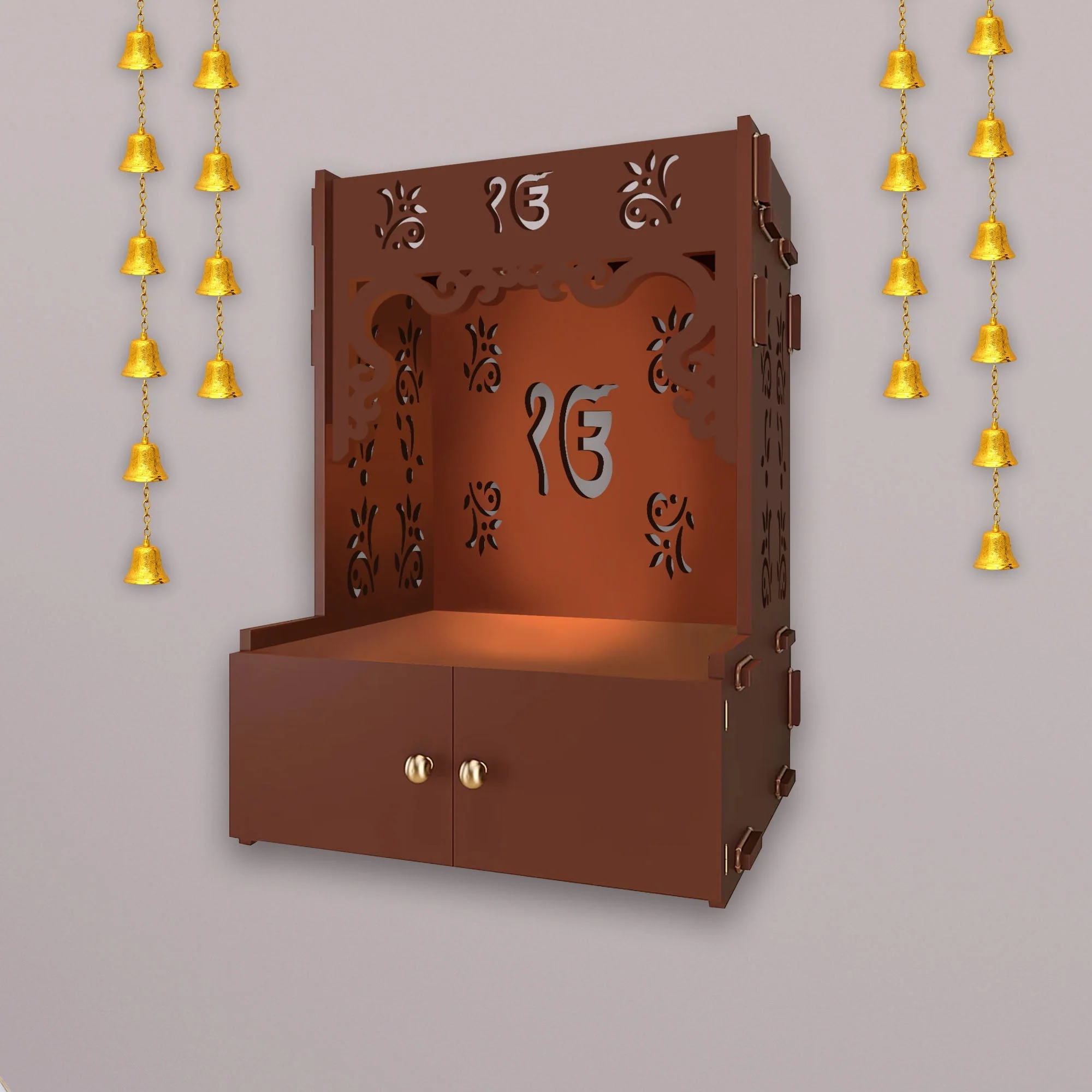 Ek-onkar Holy Symbol Brown Wooden Wall Temple for Home With Inbuilt focus Lights & Spacious Shelf - Image 3