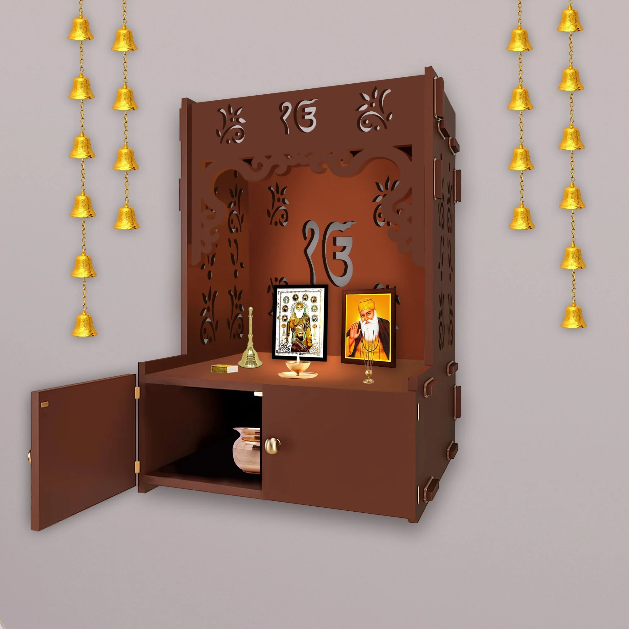 Ek-onkar Holy Symbol Brown Wooden Wall Temple for Home With Inbuilt focus Lights & Spacious Shelf - Image 4