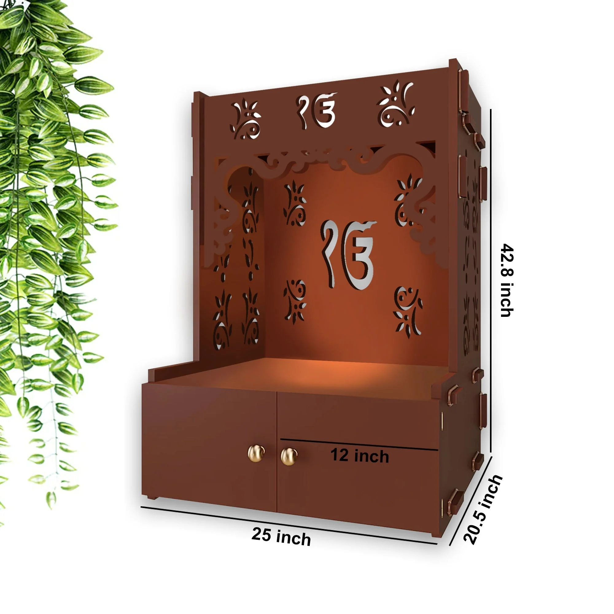 Ek-onkar Holy Symbol Floor Temple with Spacious Wooden Shelf & Inbuilt Focus Light- Brown Finish - Image 5