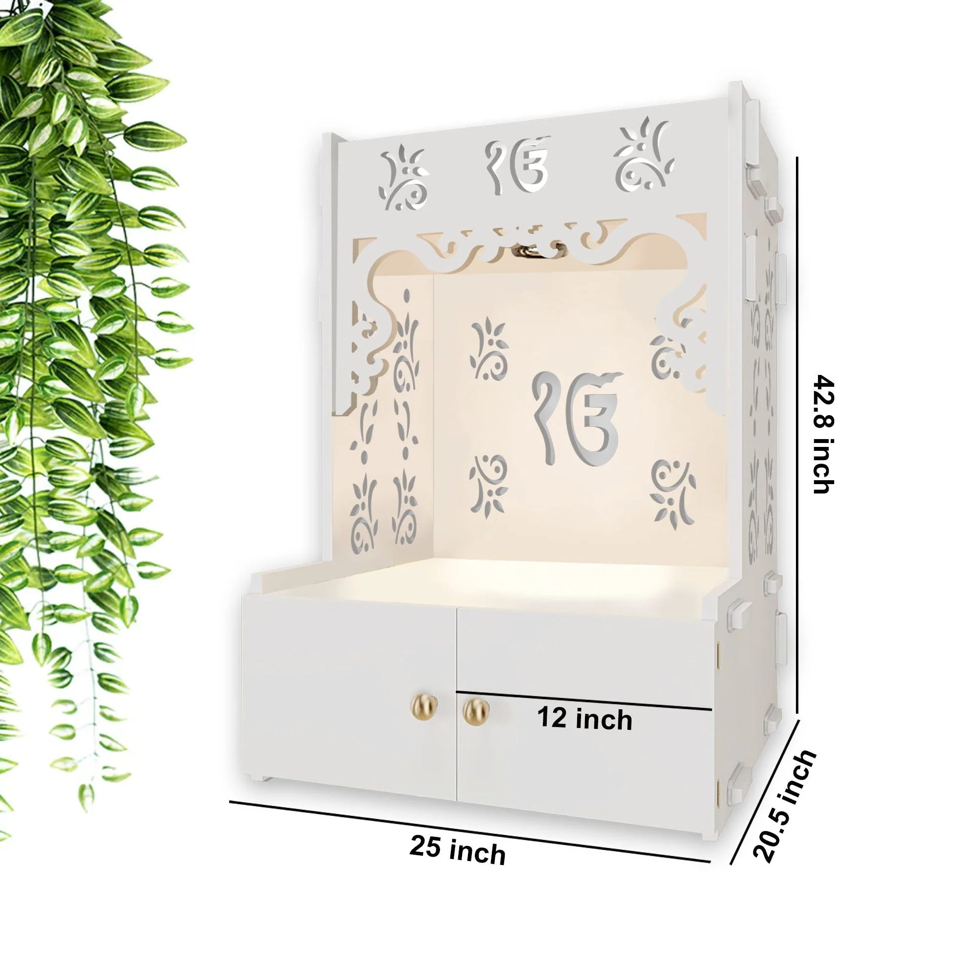 Ek-onkar Holy Symbol Floor Temple with Spacious Wooden Shelf & Inbuilt Focus Light- White Finish - Image 5
